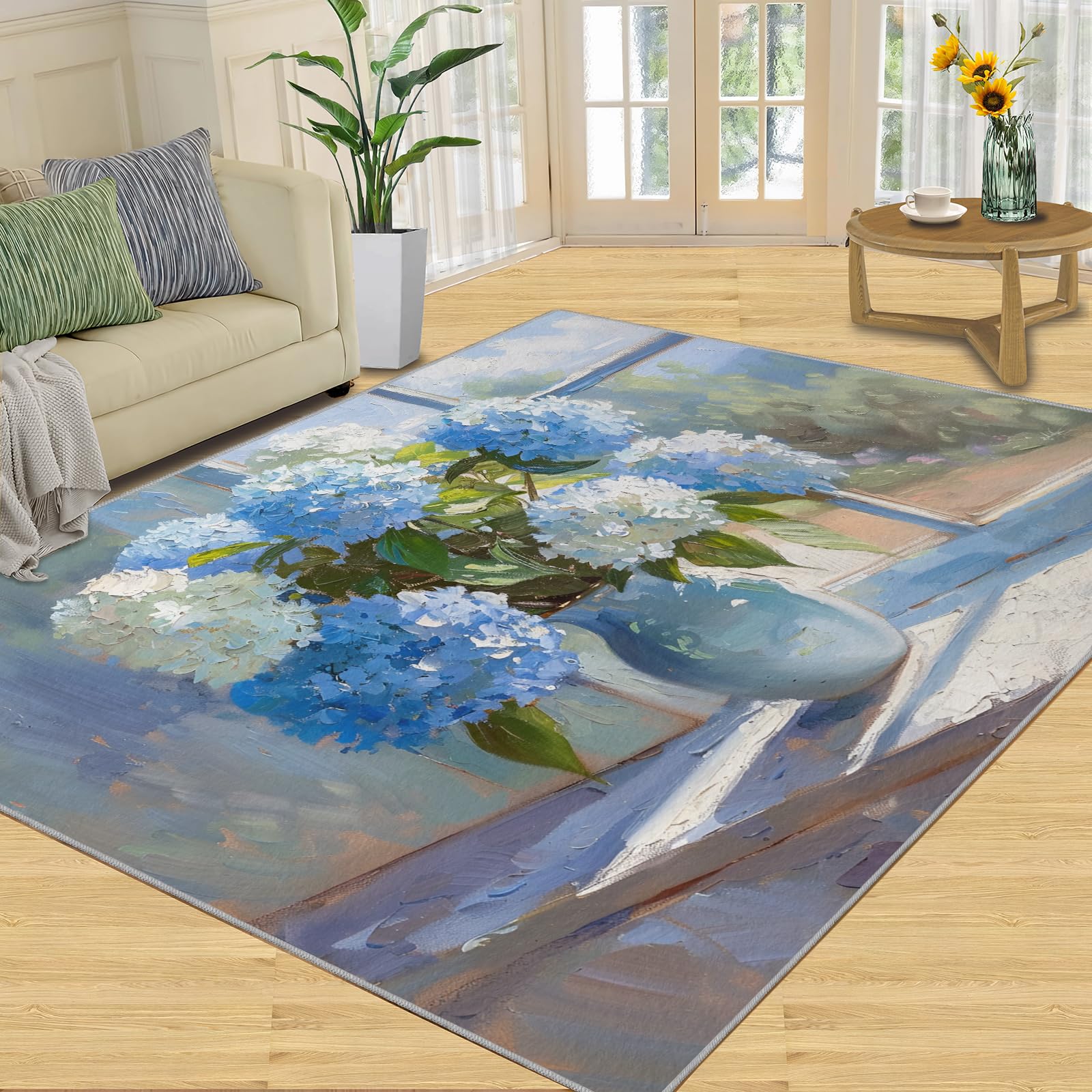 HYGIUID Impressionist Floral Rugs Living Room Large - 160 x 230 cm Pastoral Elegance Area Rugs for Bedroom, Romantic Country Charm Floor Mat Non Shedding for Nursery Office Childrens Playroom