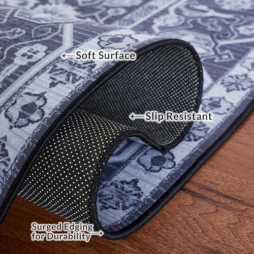 Miniatura 7 de SAFAVIEH Alfombra lavable Tucson Collection - 5 x 8 pies, negro y beige, antideslizante, ideal para zonas de alto tráfico en sala de estar,