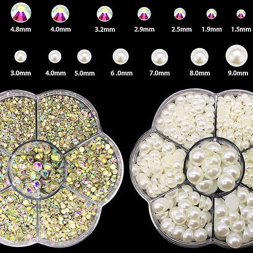 Miniatura 3 de HINABTRU Diamantes de imitación de parte trasera plana medias perlas cuentas de perlas y piedras gemas tamaño mixto perlas y diamantes de imitación