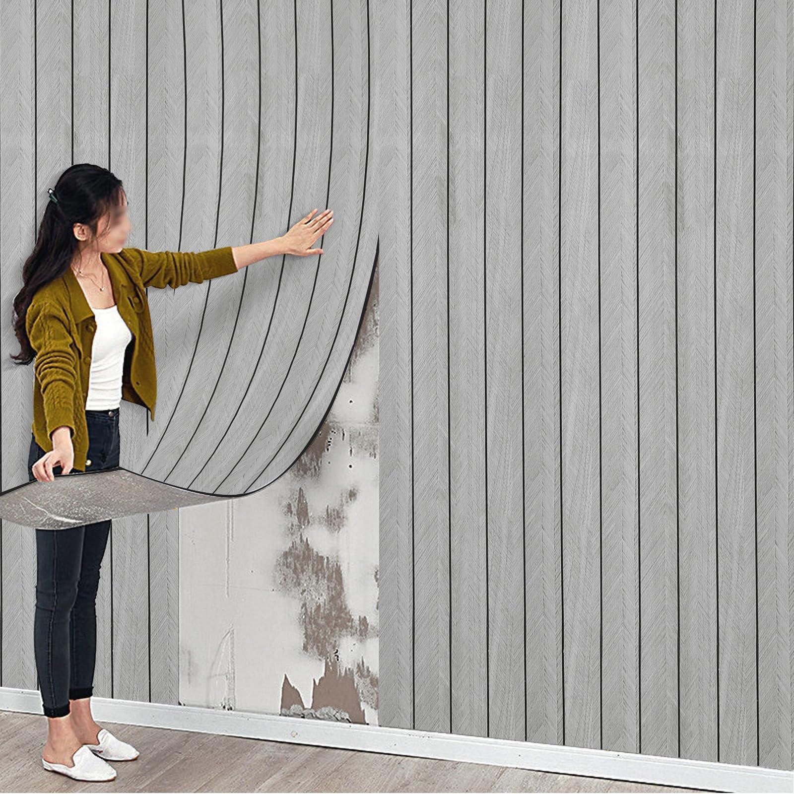 Anttyscar Thick Faux Wood Slat Wallpaper, Peel and Stick 3D Foil Insulation Self Adhesive Wall Panels Wallpaper Grey Sound Absorbing Wooden Slats for Bathroom, Bedroom, Kitchen, Living Room 40cm*3m — image 1