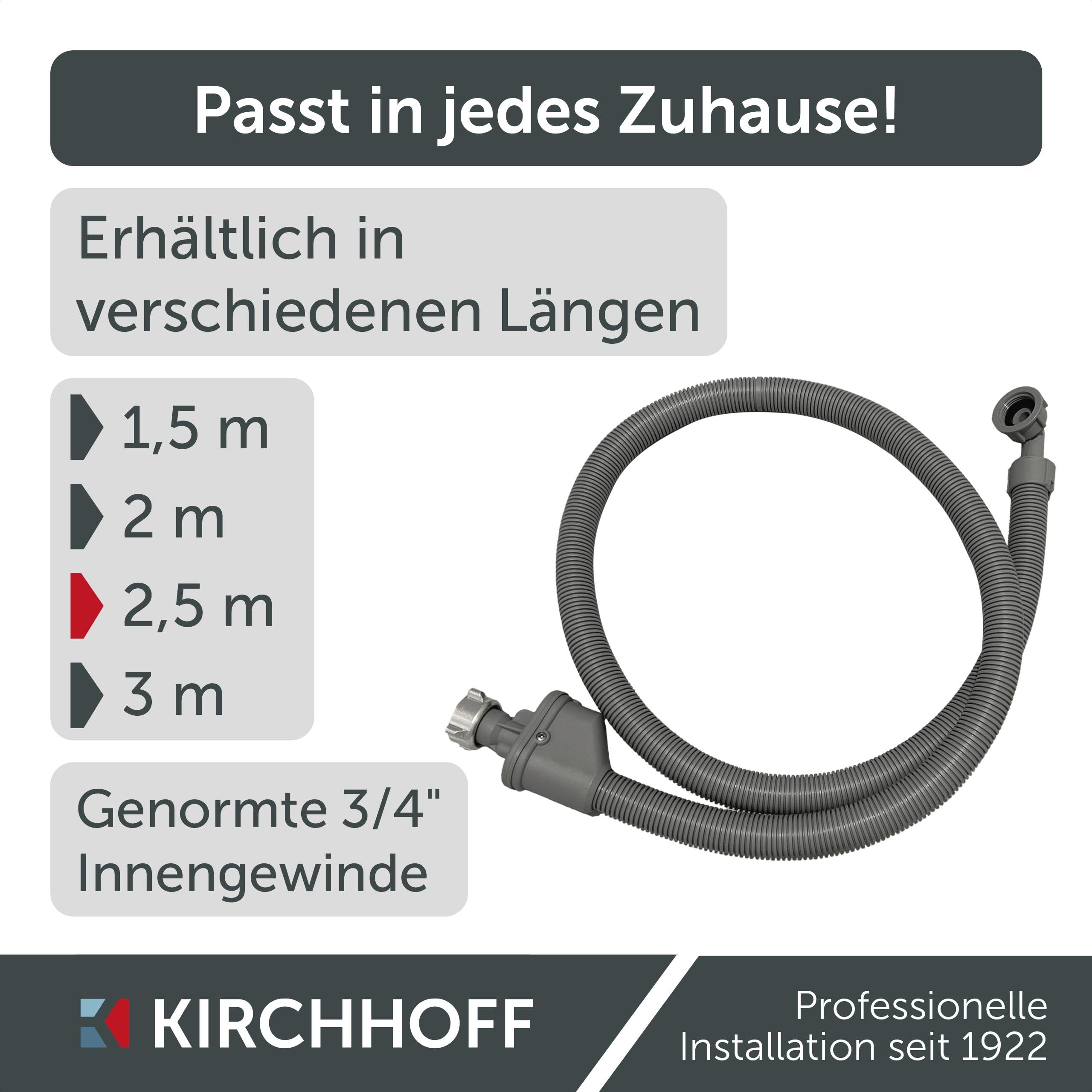 KIRCHHOFF 98657230 Waschmaschinenschlauch 2,5m, Zulaufschlauch mit 3/4" x 3/4" IG für Waschmaschine oder Spülmaschine, Wasserschlauch mit Aquastop