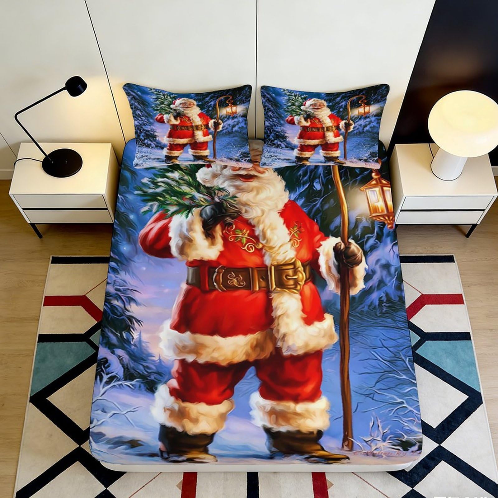 Uynsixtme Style-5 3D Printed Santa Fitted Sheet Microfiber Deep Pocket Non-Slip Xmas Mattress Fitted Cover Full Wrap Washable Bedding Gift 200X200x25cm