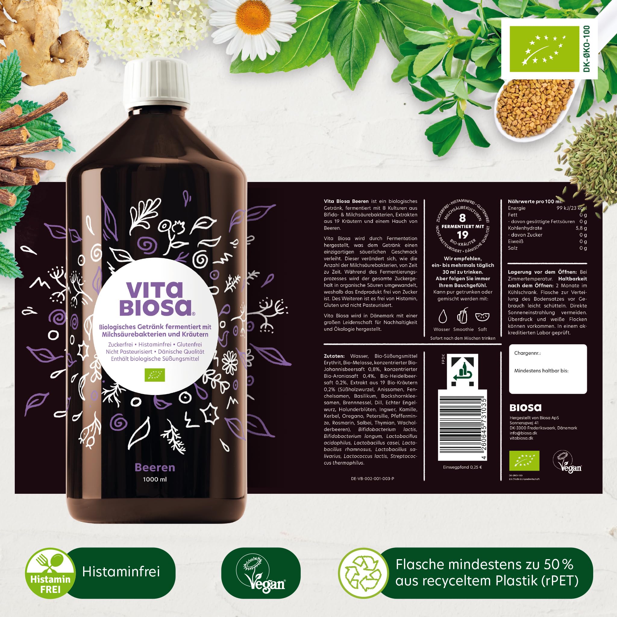 Vita Biosa Bayas 1 L en calidad orgánica, variante agridulce con concentrado de aronia, zumo de grosella y zumo de arándano, en la popular botella de 1000 ml