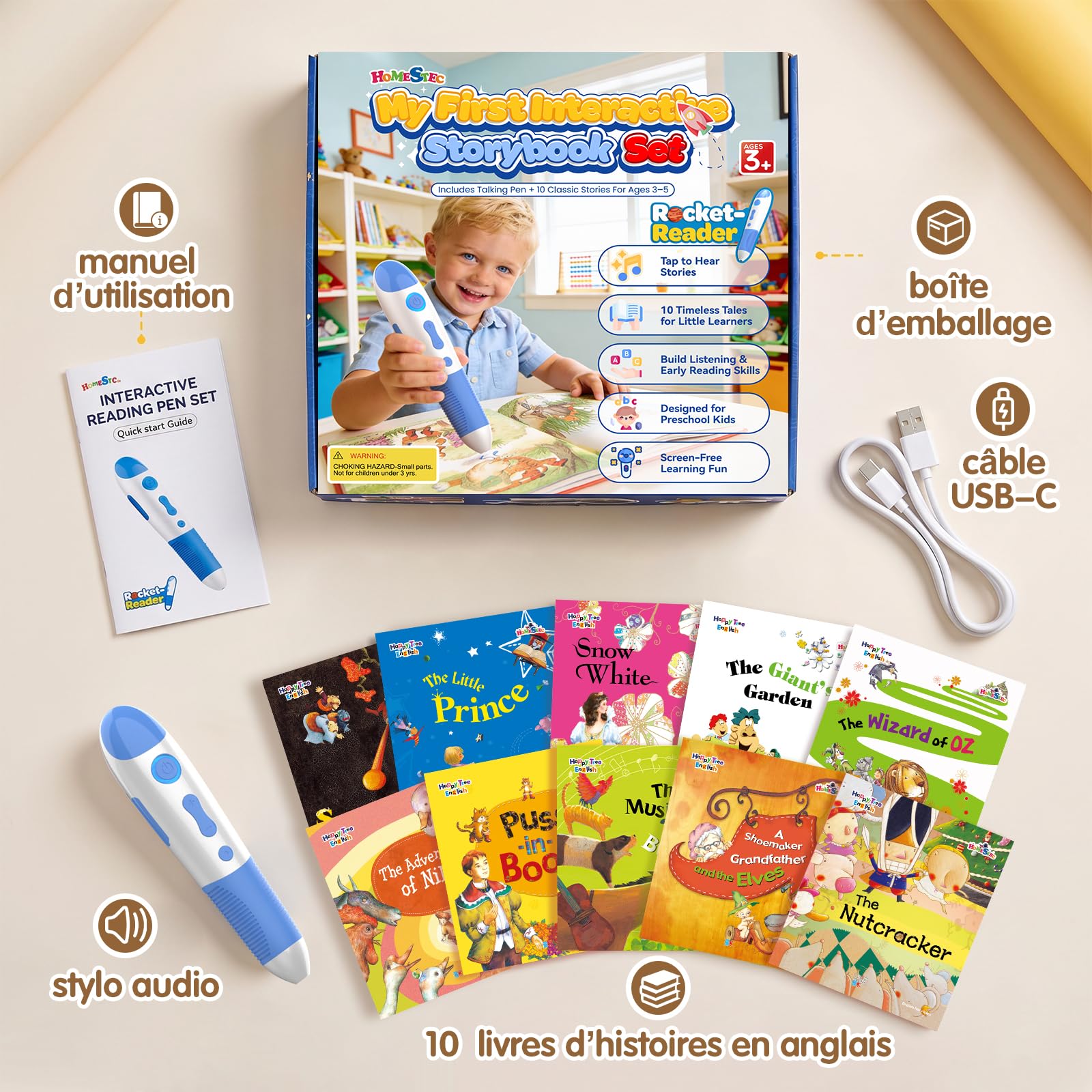 Stylo Audio Interactif avec 10 Livres d’Histoires en Anglais, Livres Sonores à Toucher, Histoires Audio pour Enfants, Jouet Éducatif sans Écran, Rechargeable USB-C