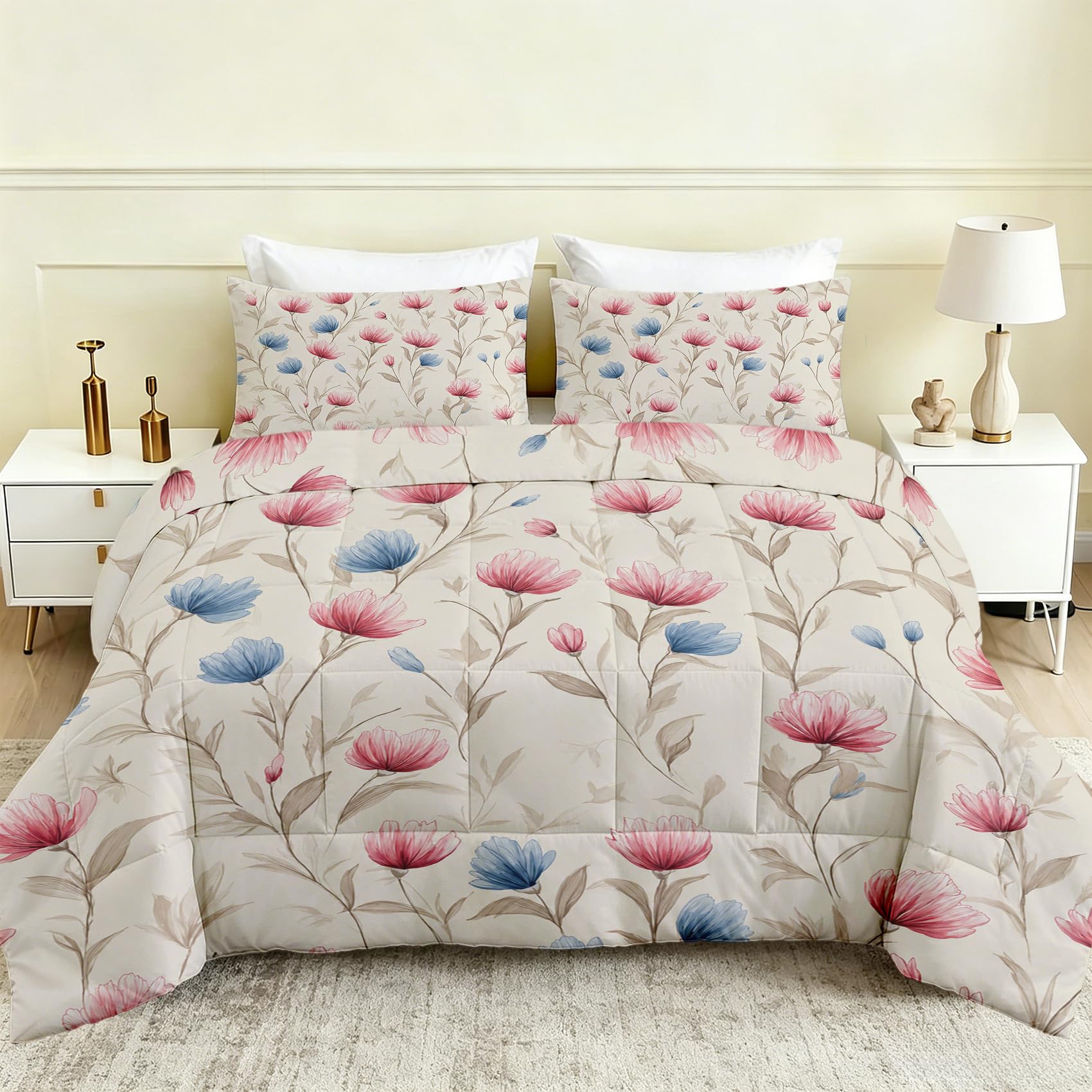 Floral Summer Duvet King Size 4.5 Tog, Pink Blue Flower Coverless Quilt, Pastoral Farmhouse Print Lightweight & Breathable Comforter 230x220 with 2 Pillowcases, Machine Washable, zT160-S — image 1