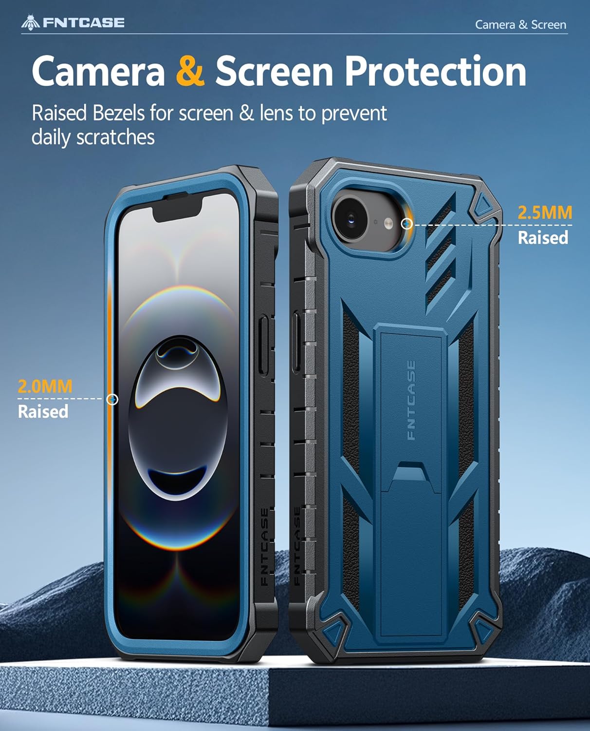 FNTCASE for iPhone 16e Phone Case: Military Grade [Built-in Screen Protector] [Kickstand] Matte Textured Drop Proof Protection Cover | Rugged Shockproof TPU Protective Sturdy Cases 2025 - Blue | Military Grade, with Kickstand, Matte Textured, Rugged, Shoc