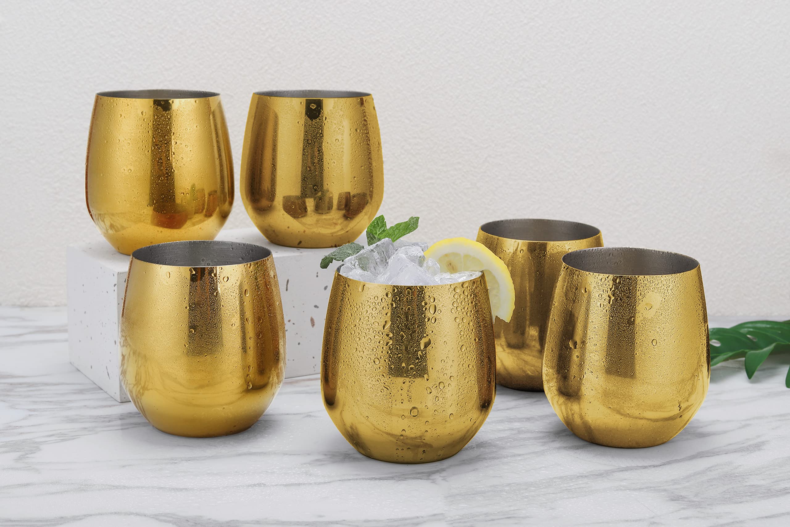 ECHTWERK Copas de vino, copas de vino tinto, copas de acero inoxidable, copas irrompibles, vasos inastillables, copas de cóctel, copas de camping, 500 ml, edición oro, 6 piezas