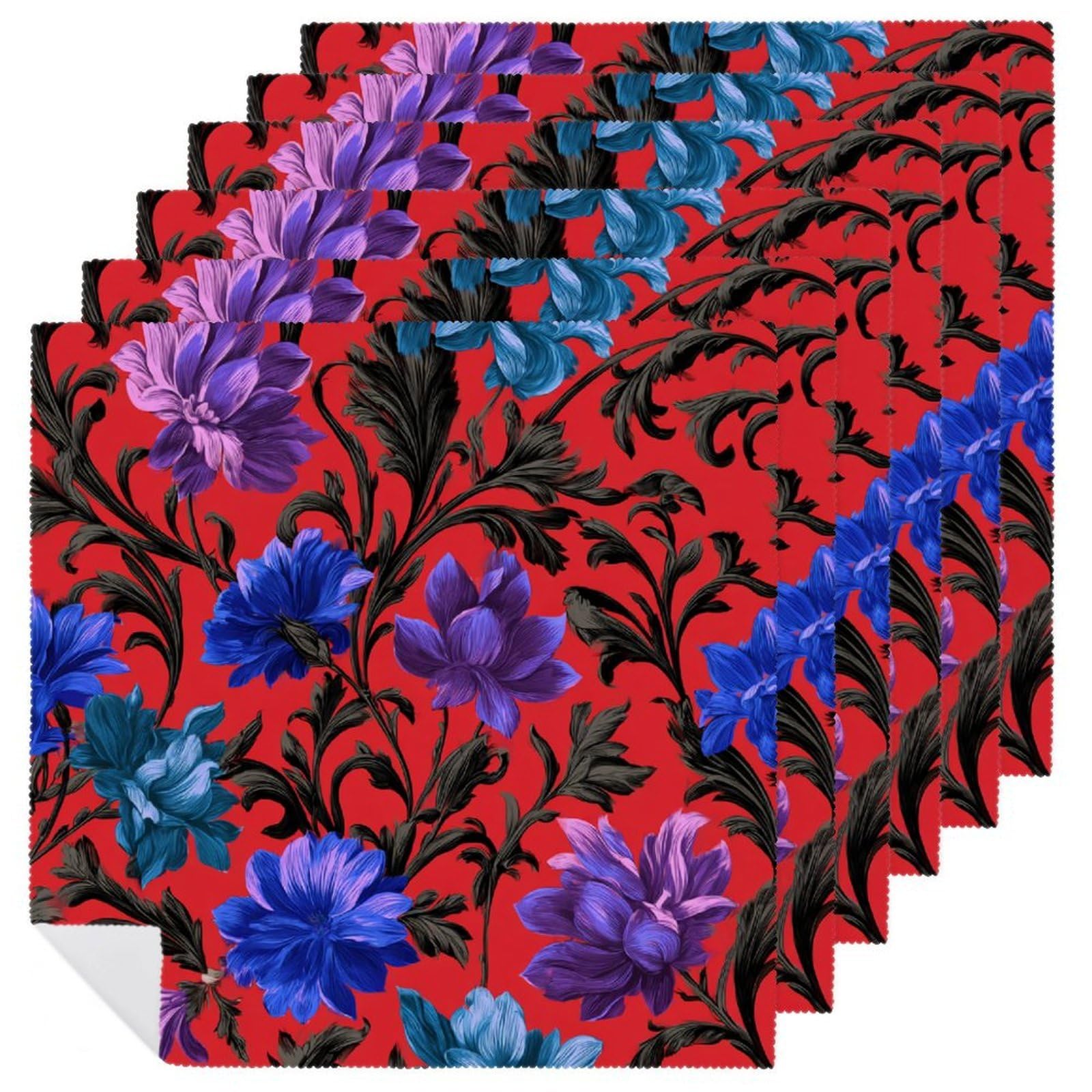 Botanical Motifs Blue Purple Flowers Cloth Napkins Set of 6, Square Premium Reusable Washable Polyester Table Linen Napkin for Dinner Party