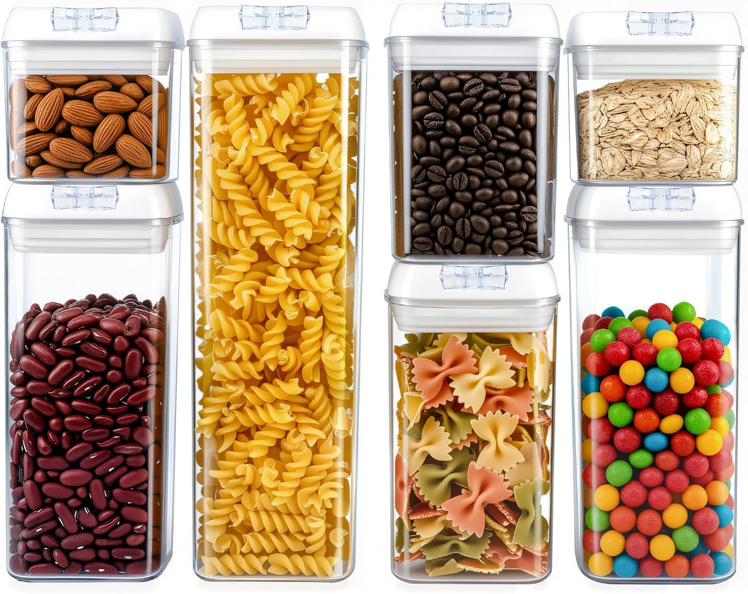 Airtight Food Storage Containers with Lids 7 pcs Plastic Kitchen and Pantry Organization Canisters for Cereal, BPA Free Kitchen Canisters for Spaghetti, Pasta, Dry Food, Flour and Sugar
