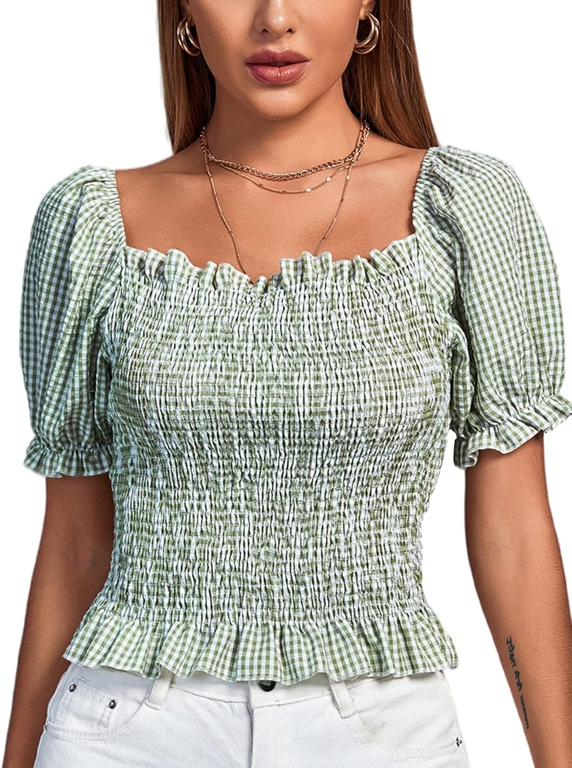 LYANER Women's Ruffle Peplum Smock Gingham Crop Top Square Neck Puff Short Sleeve Blouse Shirt