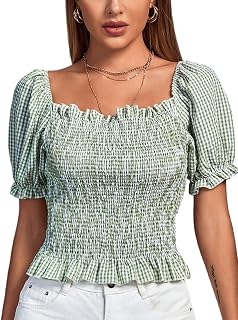LYANER Women's Ruffle Peplum Smock Gingham Crop Top Square Neck Puff Short Sleeve Blouse Shirt Price In India