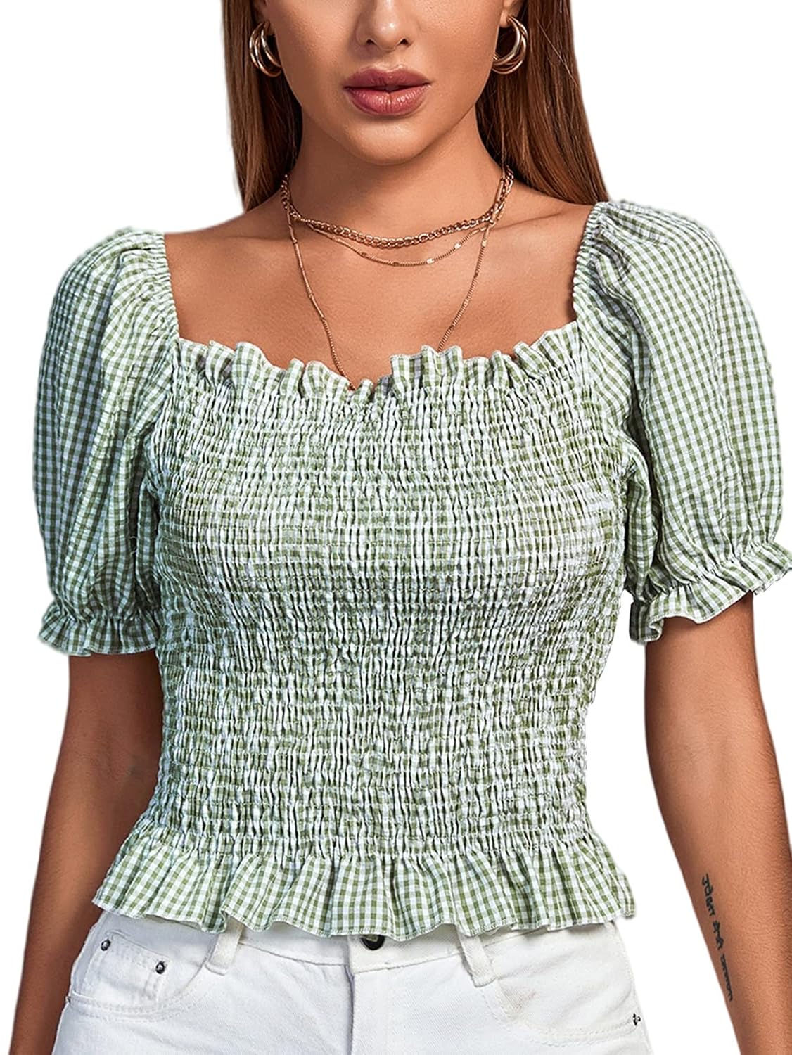 LYANER Women's Ruffle Peplum Smock Gingham Crop Top Square Neck Puff Short Sleeve Blouse Shirt - Review, Price and Buying Guide