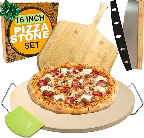 Piedra de pizza grande para horno de 16 pulgadas, piedra redonda para pizza para parrilla con asas, juego de cortadores y cáscaras de pizza de