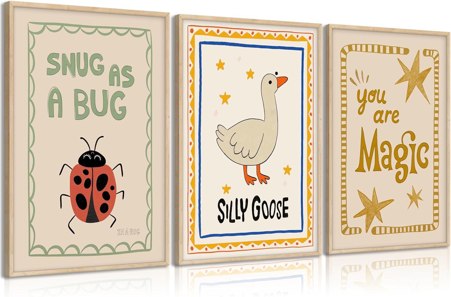 Silly Goose Nursery Canvas Wall Art Cute Animals Insect Picture Wall Decor Trendy Magic Posters Snug As a Bug Rustic Farmhouse Painting Print Artwork for Kids Baby Room Playroom Classroom, Unframed