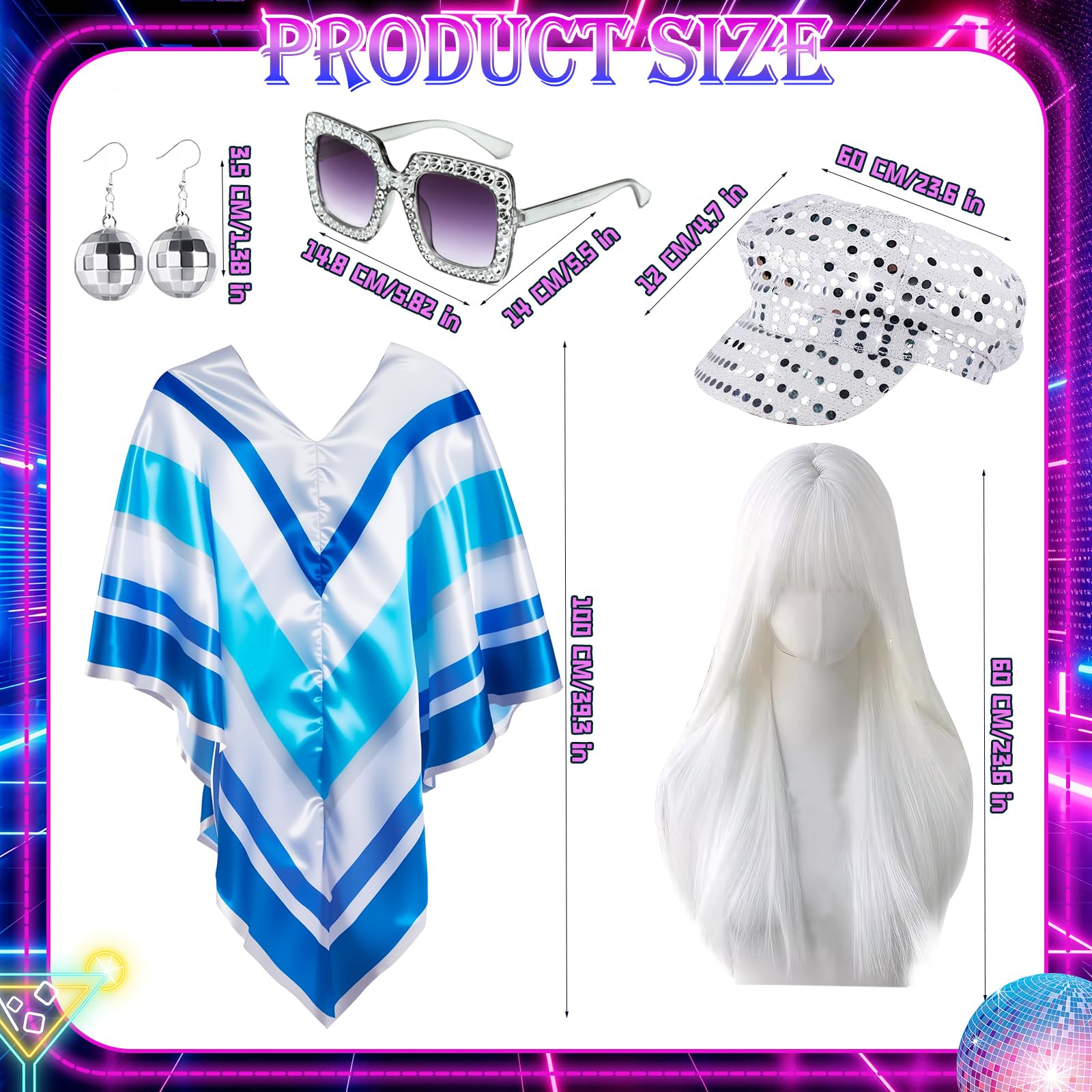 Kyndara 5Pcs Abba Fancy Dress Costume for Women 1970s Disco Accessories Set including Disco Poncho Hat Wig Earrings Glasses for Adults Retro 70 Theme Party Dance (Sliver) - Image 2