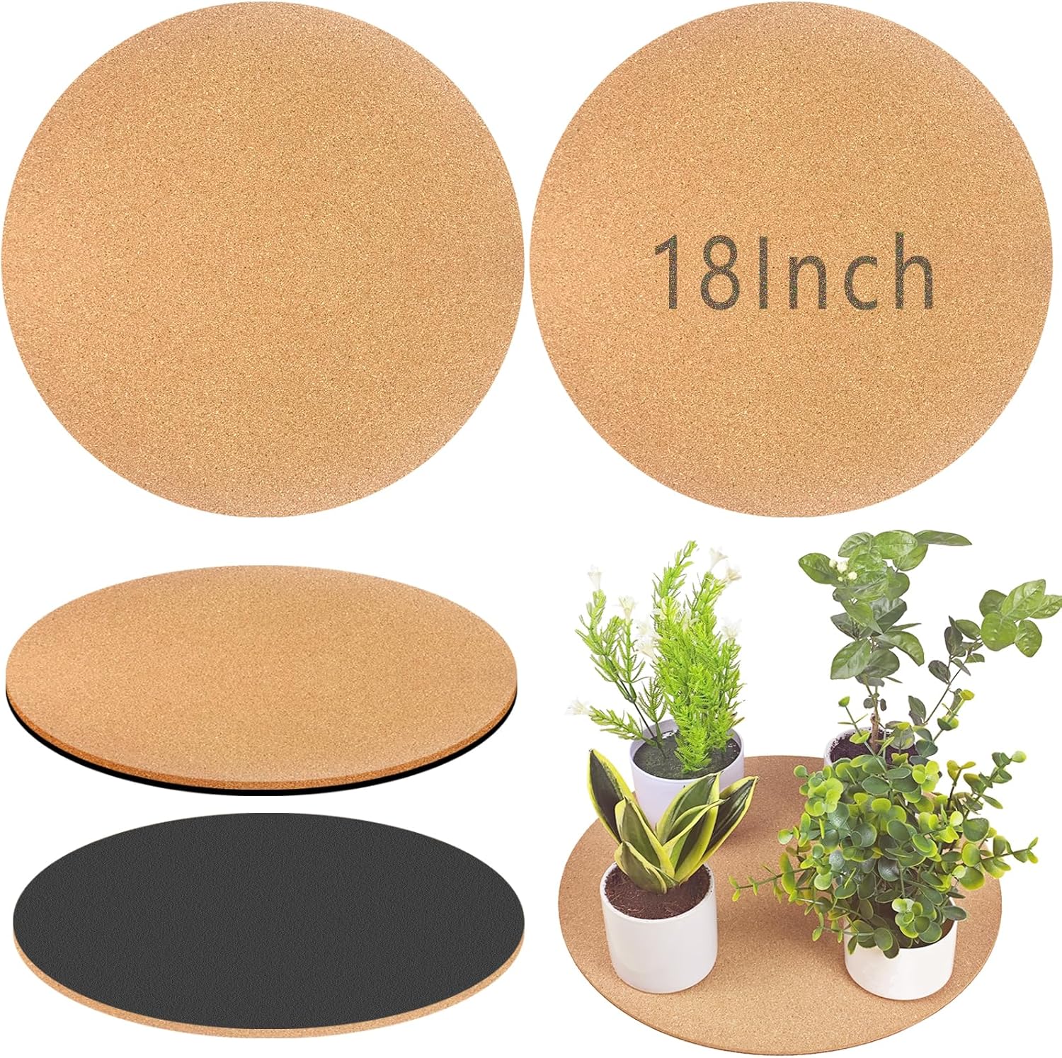 18 Inch Large Cork Plant Coasters, 2 Pieces Cork Plant Mats, Cork Coaster for Planters, Large Plant Coasters for House Plants Indoor Outdoor (Nude & Black)
