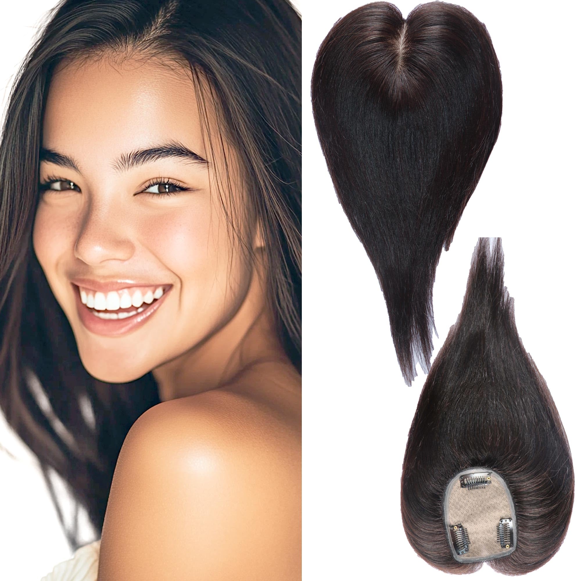 LSXCSM Real Human Hair Topper for Thinning Hair Women Clip in Straight Hairpiece Silk Base Natural Black 10 in