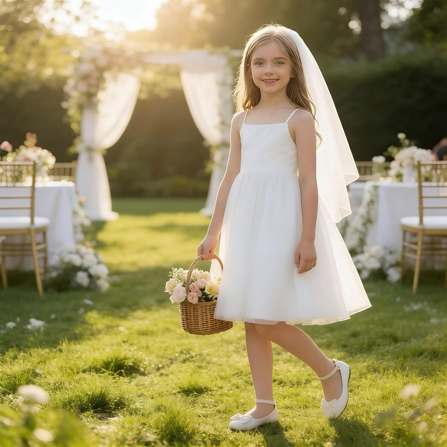 Girls Dress Shoes White Mary Jane Flats with Bow Ankle Strap Princess Party Wedding Shoes for Little Kid/Big Kid