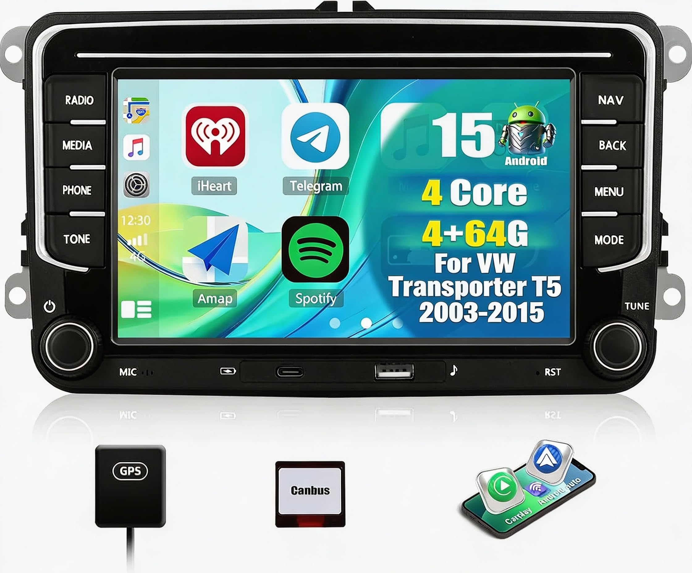 CAMECHO 4+64 GB Android 15 do samochodów VW Golf 5/6 Polo 5 Skoda Passat B6/B7 Seat – odtwarzacz z CarPlay Android Auto ekranem dotykowym 7″ nawigacja Bluetooth WiFi FM/RDS EQ
