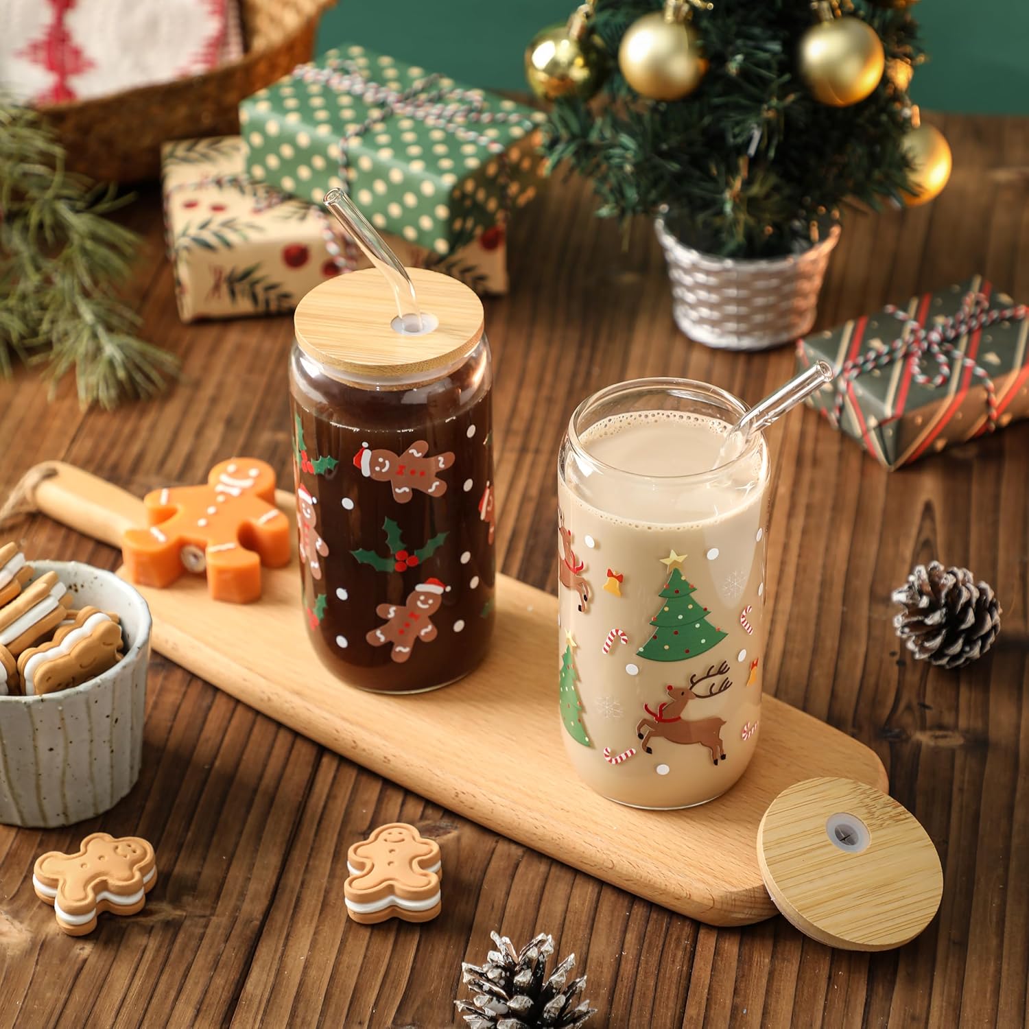 Christmas Glass Cups Set of 4, 16oz Mason Jar Mugs with Lid and Straw, Holiday Drinking Tumblers for Iced Coffee, Decorative Glasses and Gift Set for Women and Men - Image 7