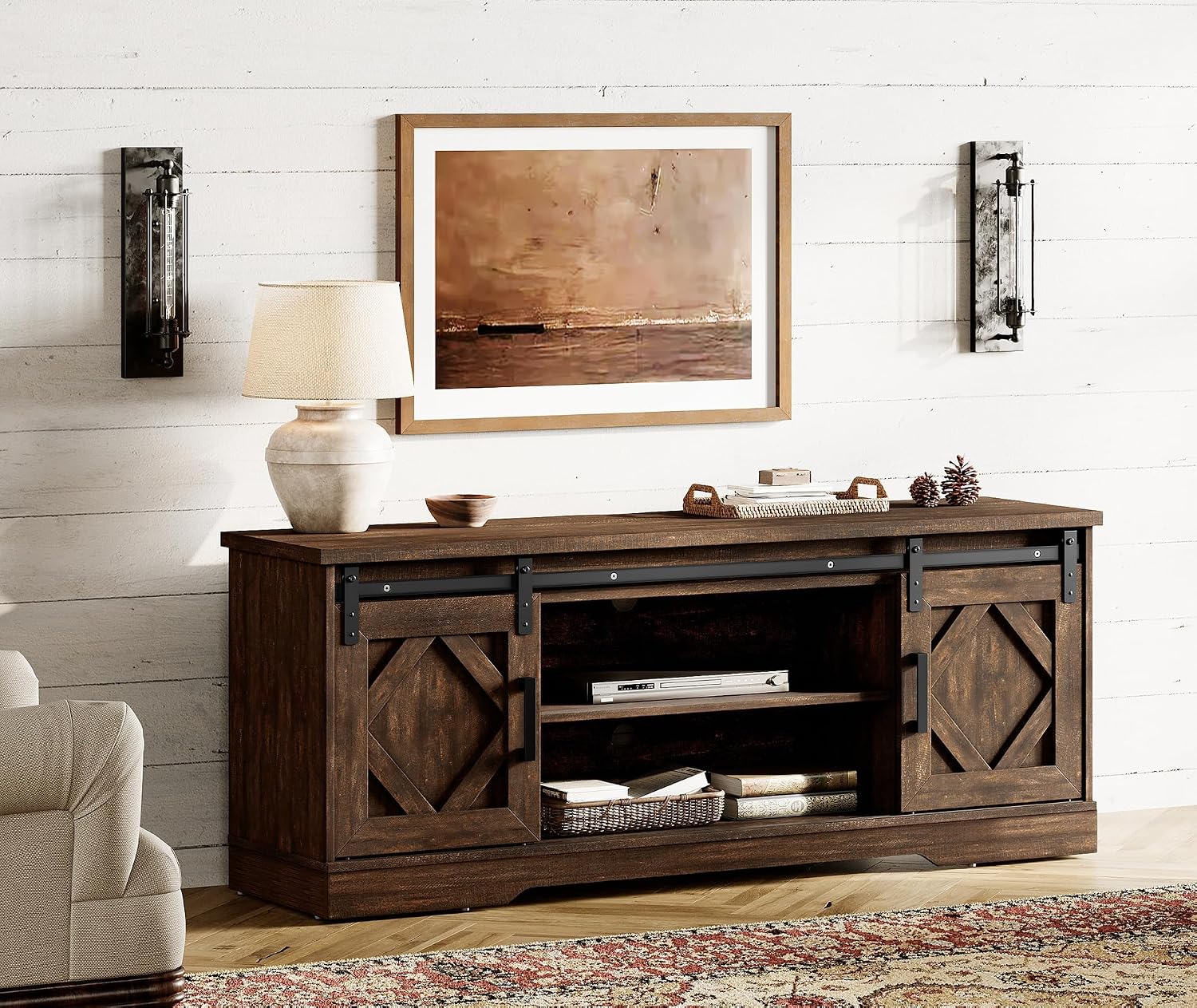 WAMPAT Modern Farmhouse TV Stand for TVs up to 65" with Sliding Barn Doors, 23.6" H Wood Entertainment Center with Adjustable Media Storage Shelf for Living Room, Dark Walnut Brown