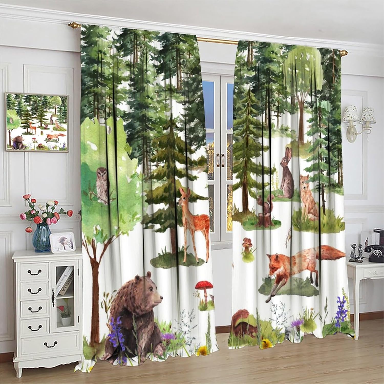 Rustic Forest Animals Blackout Curtains for Living Room,Watercolor Lodge Cabin Woodland Cartoon Animal Bear Deer Fox Room Darkening Window Curtains with Rod Pocket - 2 Panels 63" L x 36" W