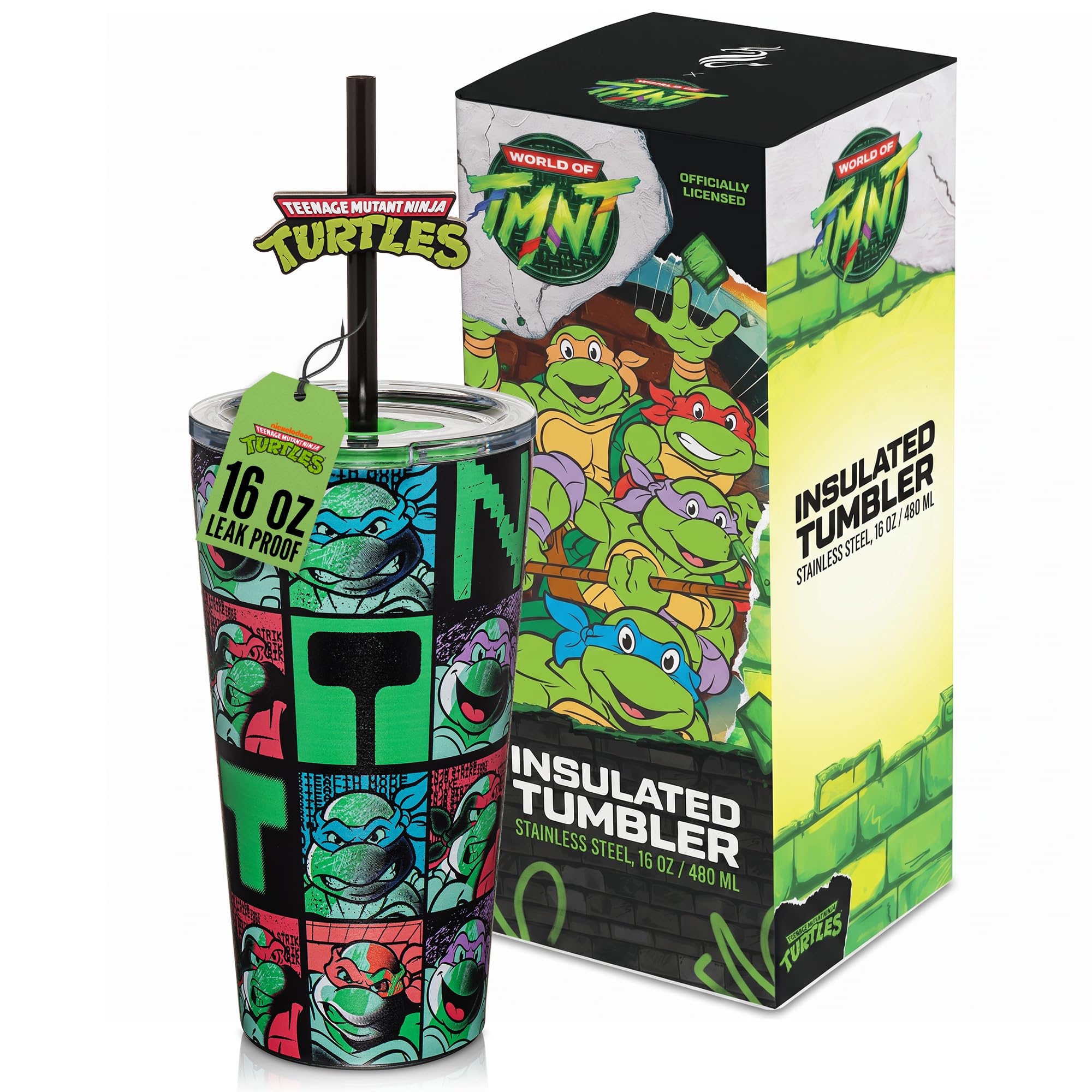 Dragon Glassware x Teenage Mutant Ninja Turtles Insulated Tumbler, 16 oz | Vacuum Insulated Stainless Steel Tumbler with Straw & Lid; Double Walled TMNT Tumbler with Straw Topper; Ninja Turtle Cup TMNT 16 Ounces