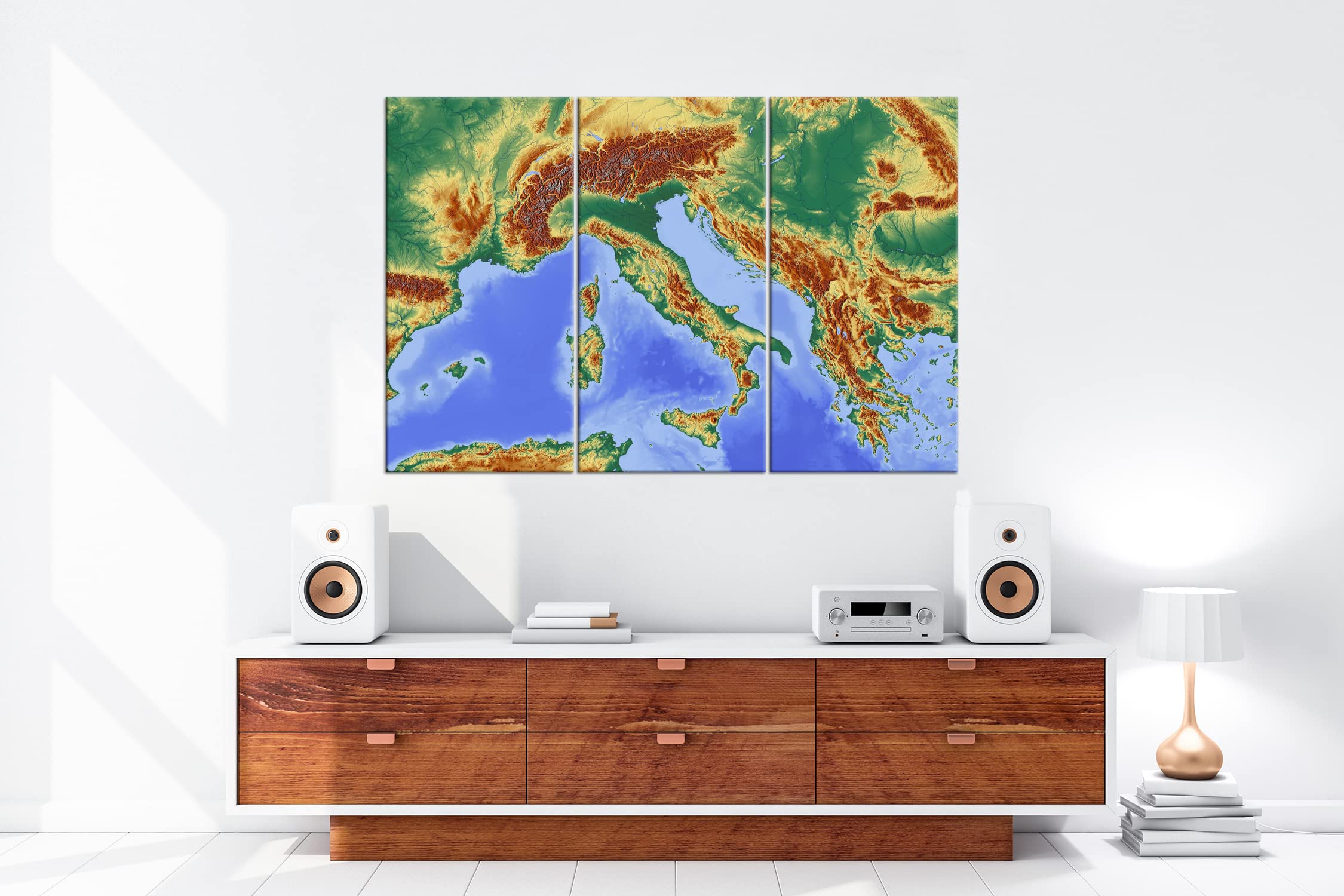 Mapa de los Alpes (Lienzo, Marco de Madera auténtica, impresión Digital Marco, sin póster ni Cartel), Dreiteilig (120x80)