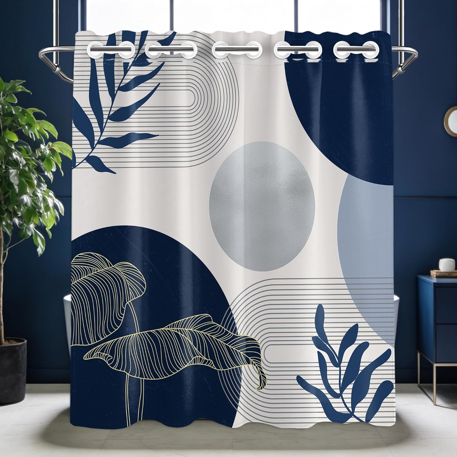 Navy Blue and White Hookless Shower Curtain with Snap in Liner Set, Boho No Hook Shower Curtains for Bathroom, Double Layer Ringless, Liner with Magnets, Waterproof Cloth Fabric, 71" W x 74" L