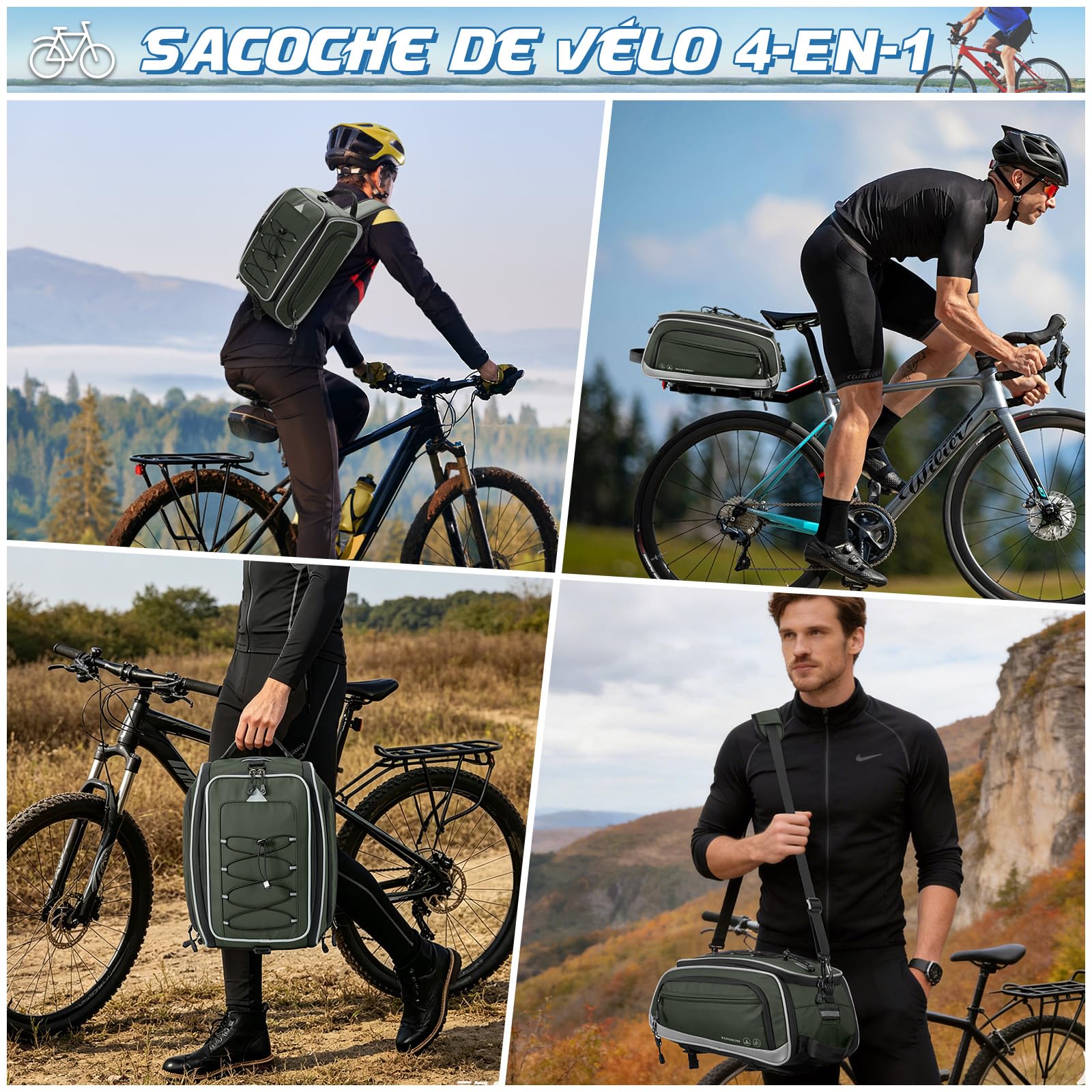 RAINSMORE Sacoche Velo Porte Bagage Arriere 15L-23L Extensible, Sacoche Arrière Vélo Étanche avec Housse de Pluie et Bandes Réfléchissantes, Idéal pour VAE, VTT, Vélotaf et Voyage Vert