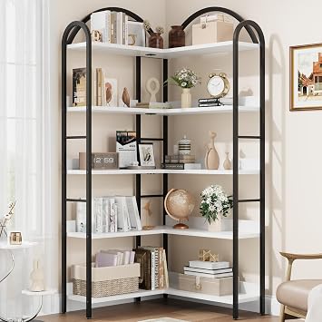 Corner Bookcase 5 Tiers, 68.5" Arched Industrial Large Bookshelf with Wood Shelves and Metal Frame - Modern Storage Display for Home Office, Living Room, Bedroom - White