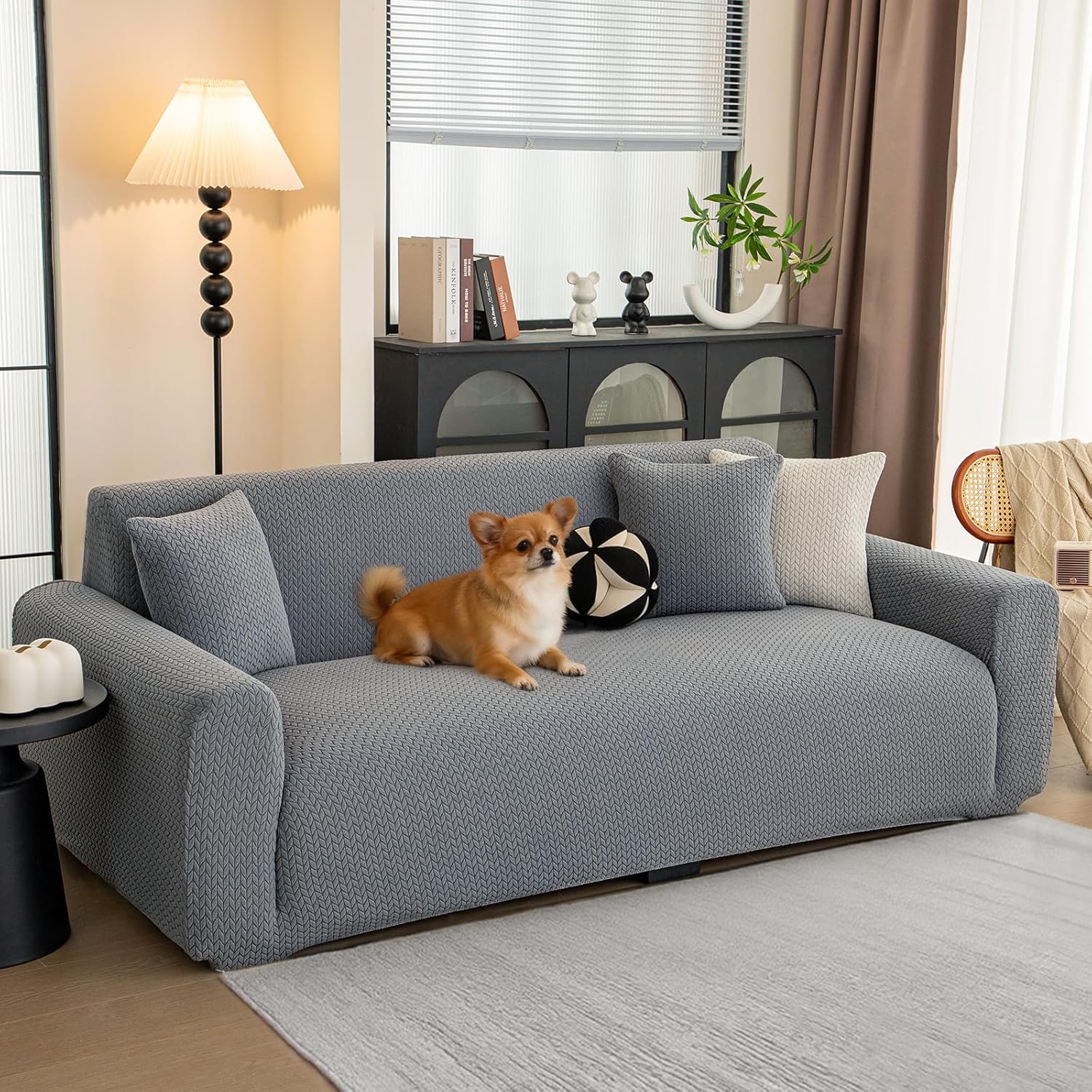 Stretch Couch Covers, Couch Covers for 2 Cushion Couch Sofa pet Friendly, Washable, Furniture Protector Sofa with Elastic Bottom for Cats, Dogs (Wheat Pattern - Dark Gray, 2 Seats)