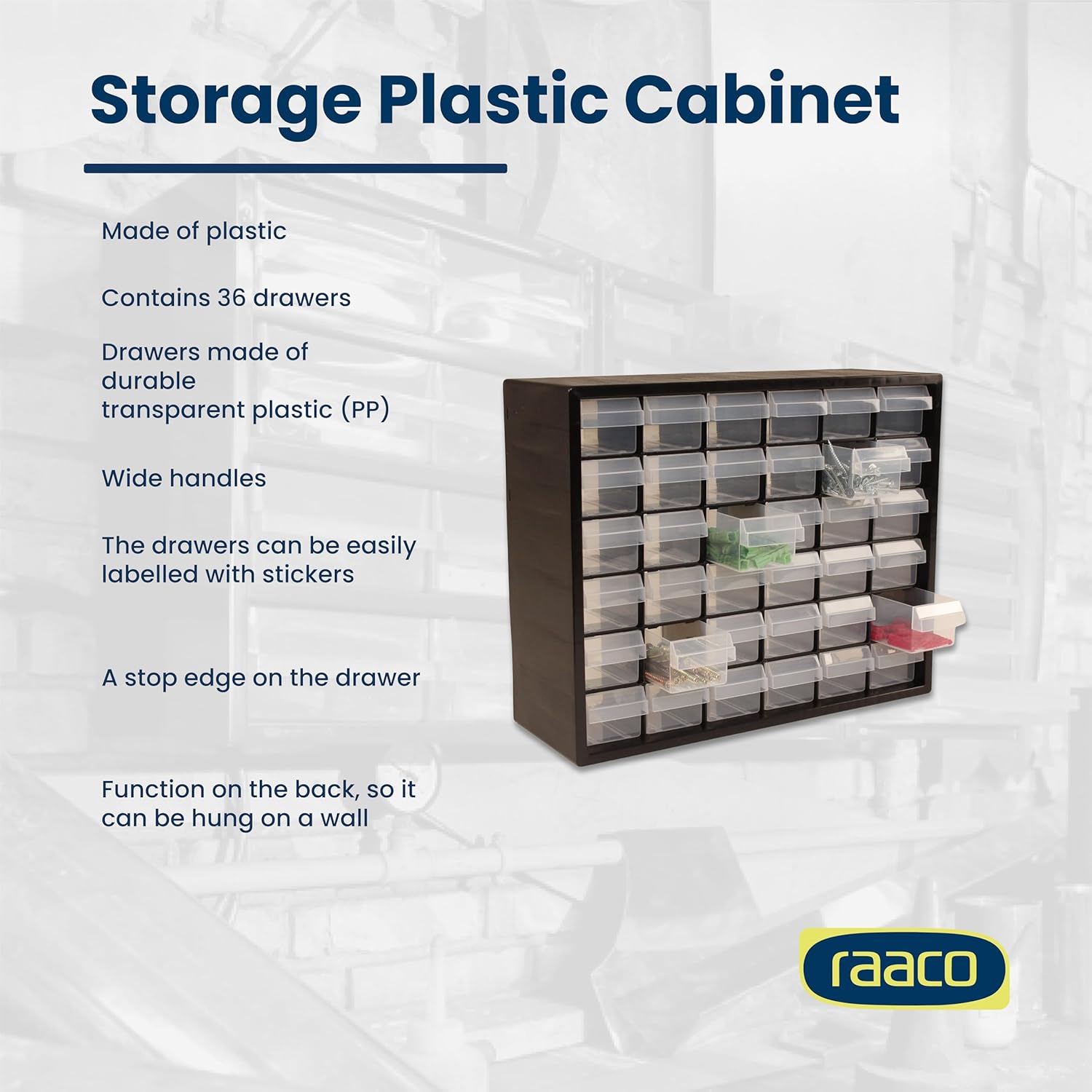 Raaco Plastic Storage Cabinet, 36-Drawer Black Organizer – Impact Proof Plastic Drawer – Small Parts, Screws, Nuts & Bolts, Crafts, Makeup & Toy Storage – Wall Mount or Freestanding (PC36)