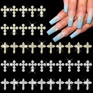 JERCLITY 40pcs 3D Cross Nail Charms Gold and Silver Cross Charms for Nails Nail Cross Charms with Clear Rhinestones 3D Jewelry Making Nail Art Accessories