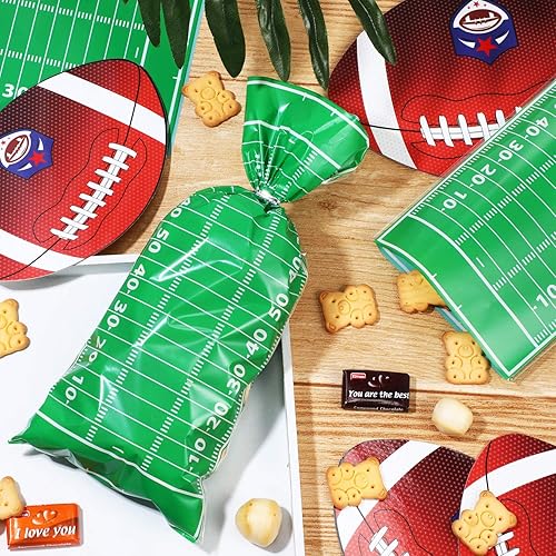 Miniatura 4 de Blulu 100 bolsas de golosinas de fútbol de celofán sellables con calor y lazos plateados para decoración de fiesta de cumpleaños temática de fútbol