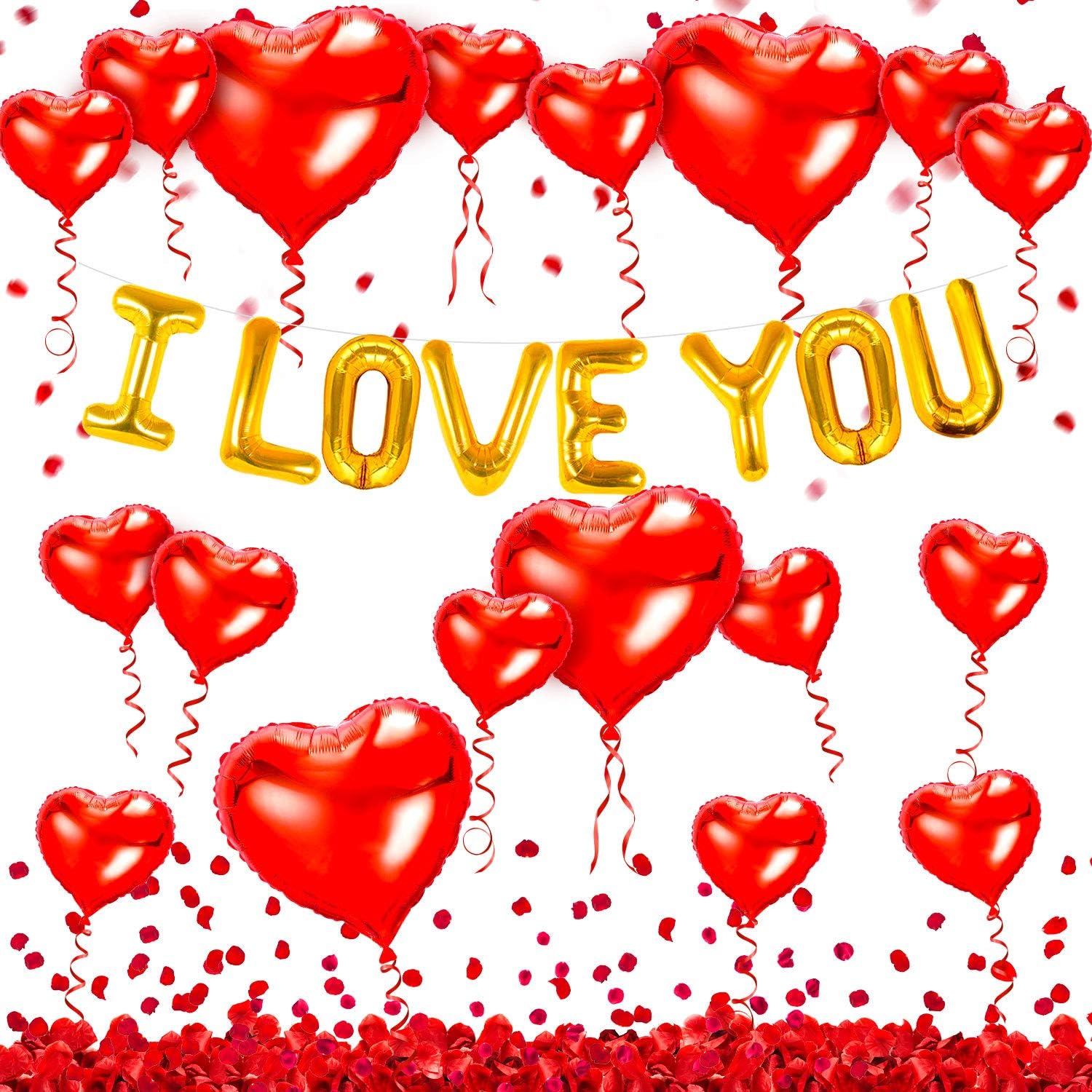 obqo I Love You Balloons for Her Him and Heart Balloons Kit with Rose Petals, Valentines Day Decorations for Men Women