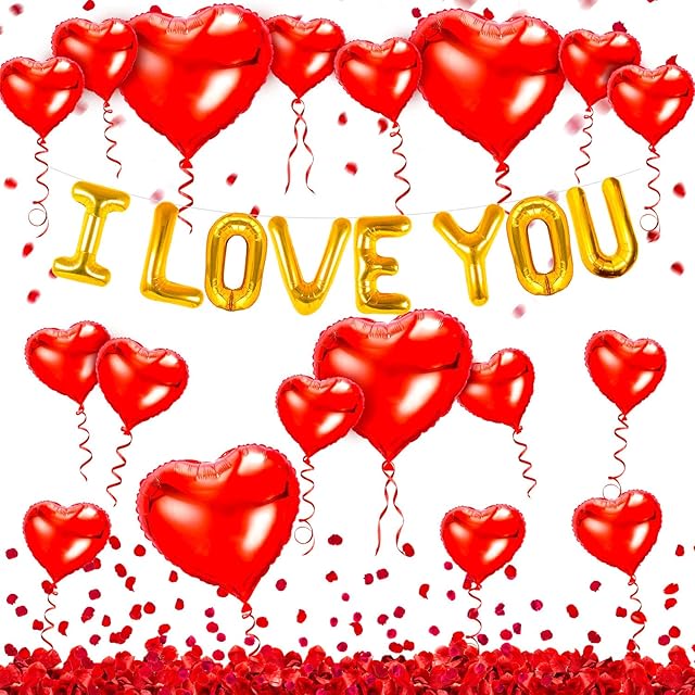 obqo I Love You Balloons for Her Him and Heart Balloons Kit with Rose Petals, Valentines Day Decorations for Men Women