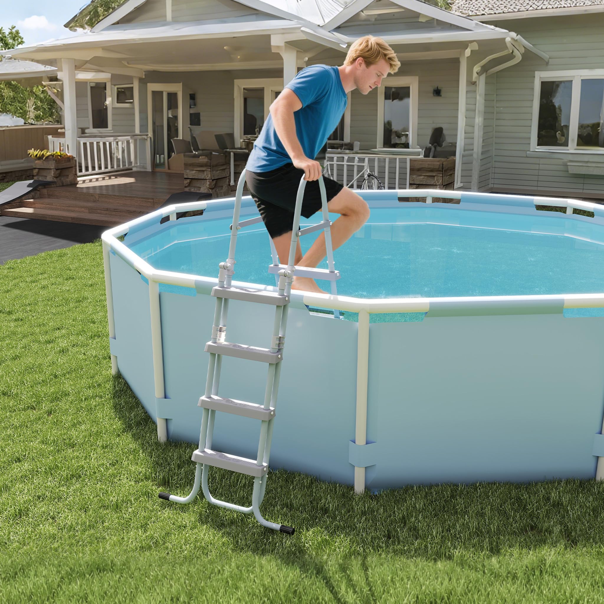 HENGMEI Échelle de piscine 4 marches avec main courante, échelle d'entrée pour piscines hors sol antidérapante, échelle de sécurité avec dispositif antidérapant. Capacité de charge maximale : 150 kg