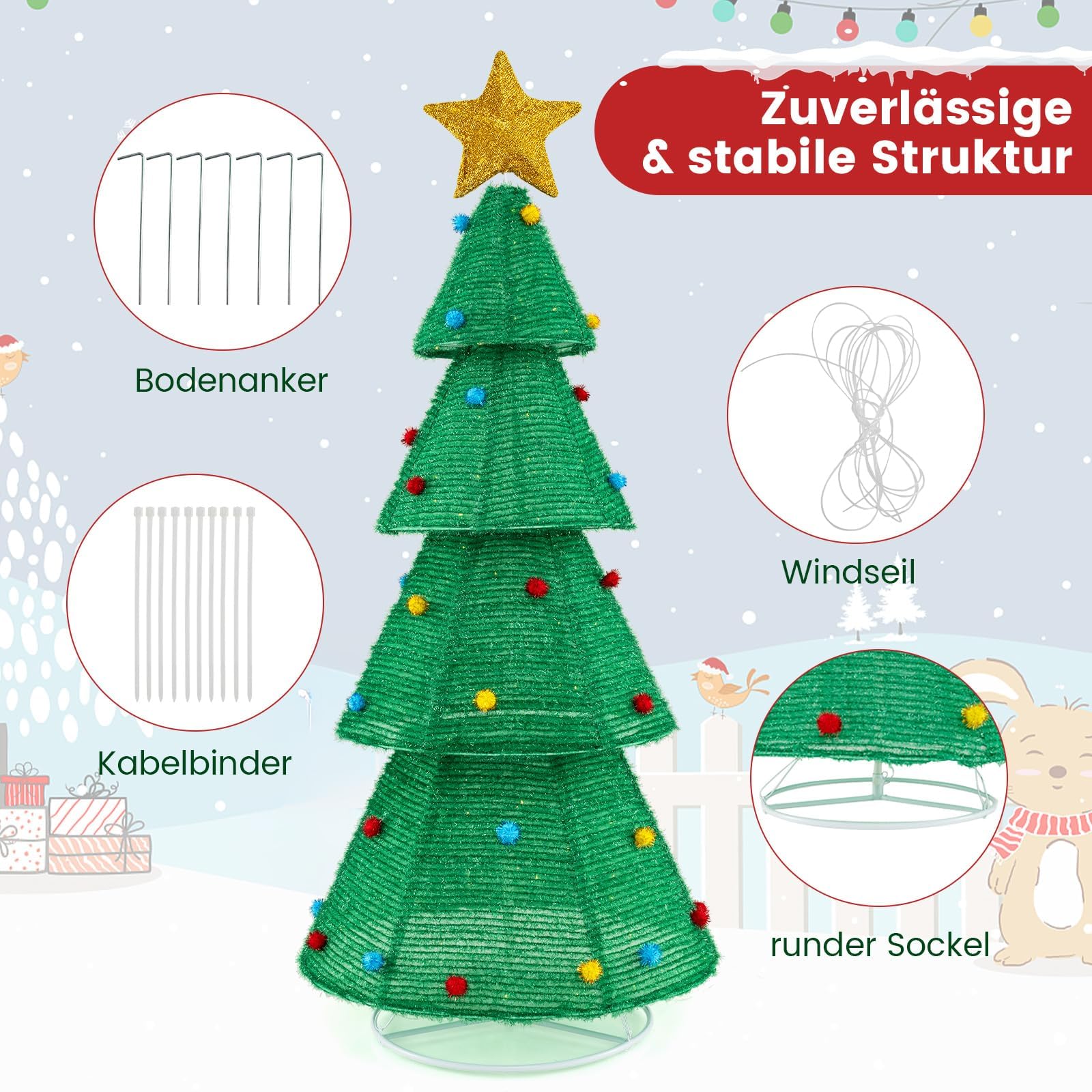 COSTWAY LED choinka, 190 cm oświetlona dekoracja bożonarodzeniowa z 200 diodami LED, dekoracja świąteczna z gwiazdą i pluszowymi kulami, oświetlenie bożonarodzeniowe do wnętrz i na zewnątrz