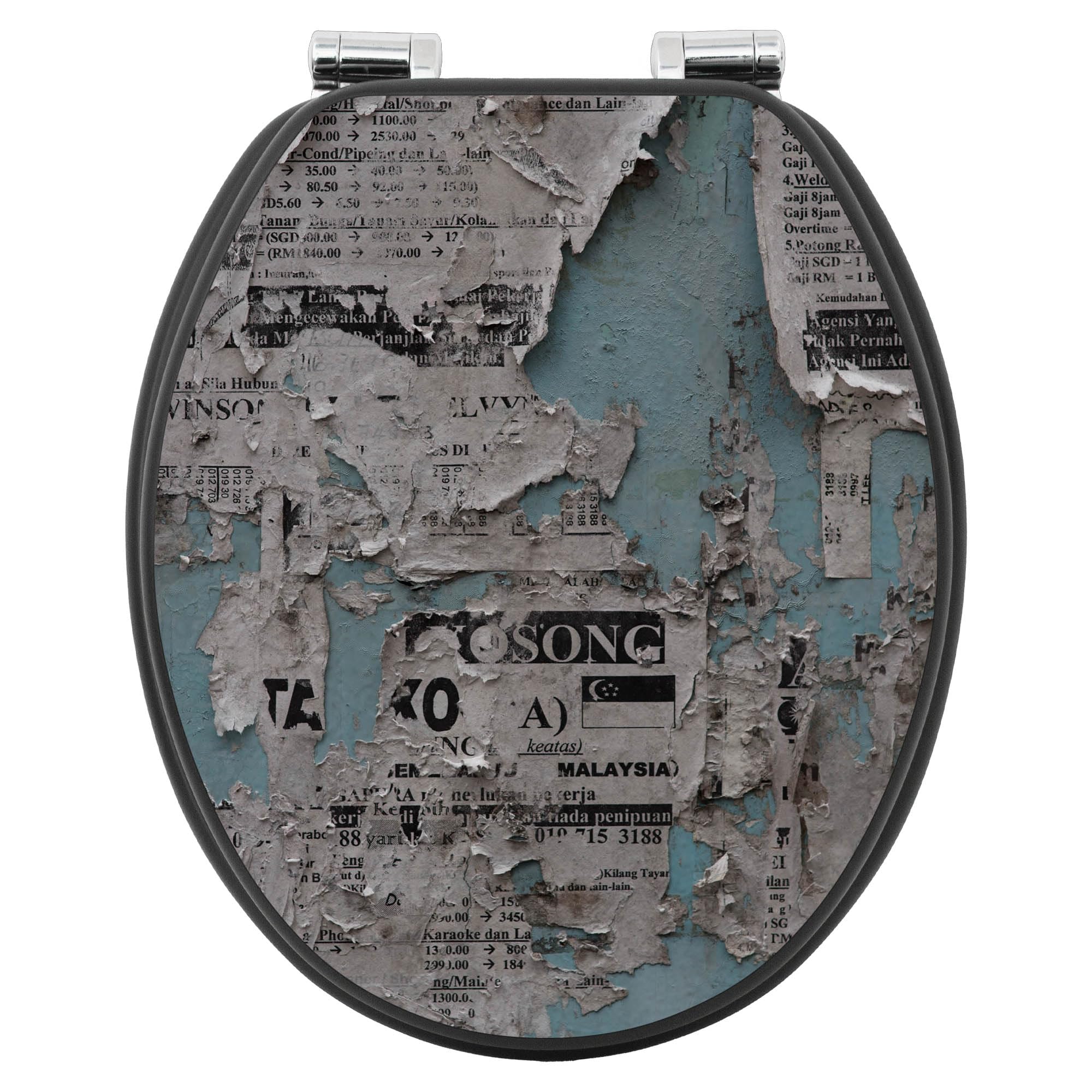 banjado WC Sitz Abstrakt & Muster - Absenkautomatik leise - 38 x 46,5 cm O-Form - MDF Holz Toilettendeckel anthrazit - Klositz grau pflegeleicht mit Softclose - Motiv Wand mit Zeitungen