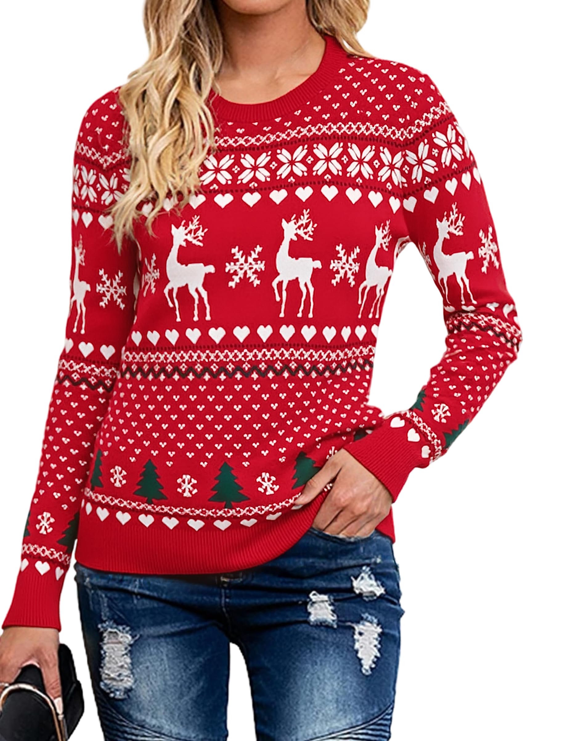 Bresdk Weihnachtspullover Damen Winter Elegant Langarm Weihnachtspulli Pullover Rundhals Weihnachten Strickpullover Ugly Christmas Sweater mit Rentier Schneeflocken