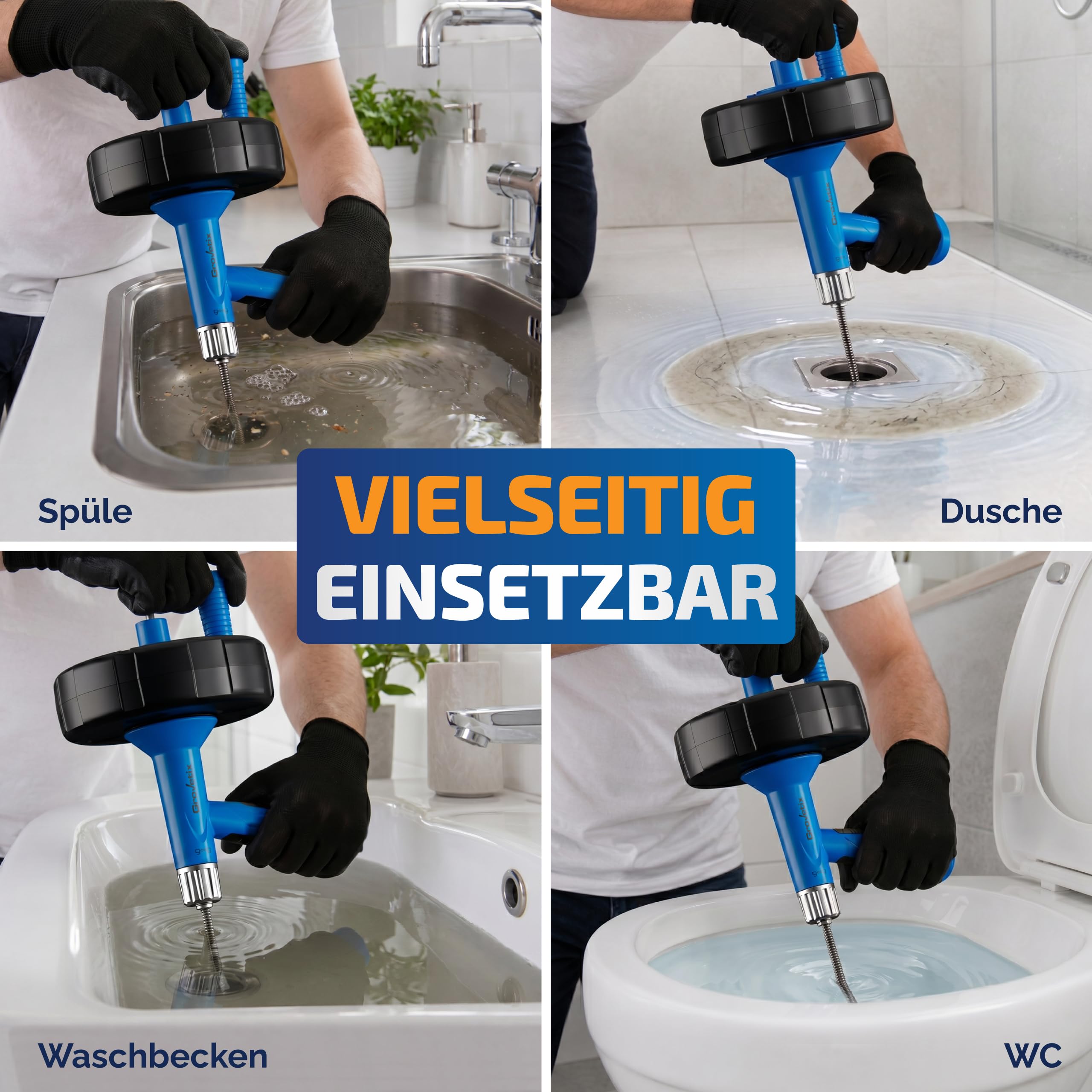 Rohrreinigungsspirale - 7,5m - Mit Bohraufsatz - Abflussreiniger spirale - Extra starke Federstahlspirale für Küche, Bad & Dusche