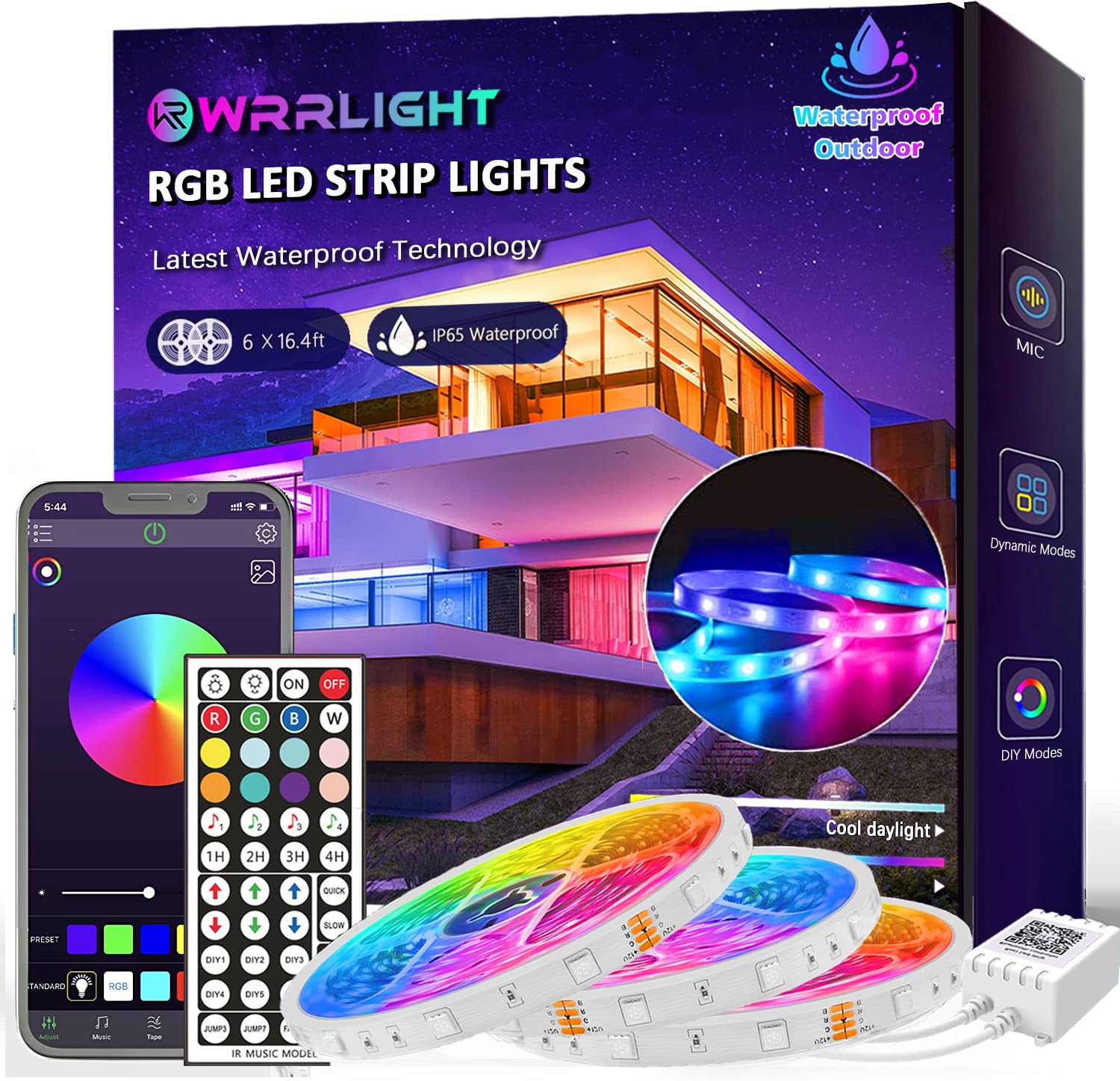 Amazon.com: Outdoor LED Light Strips Waterproof, 100ft (6 Rolls of 16.4ft)  Ultra Long IP65 LED Strip Lights with App Remote Controller, 5050 RGB Music  Sync Color Changing LED Lights for Bedroom, Outdoor
