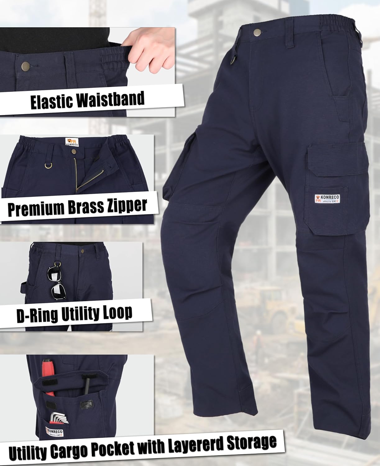 KONRECO FR Pants for Men Utility Cargo Pockets Flame Resistant Carpenter Jeans 8.5oz Stretch Soft Relaxed Fit NFPA2112 CAT2