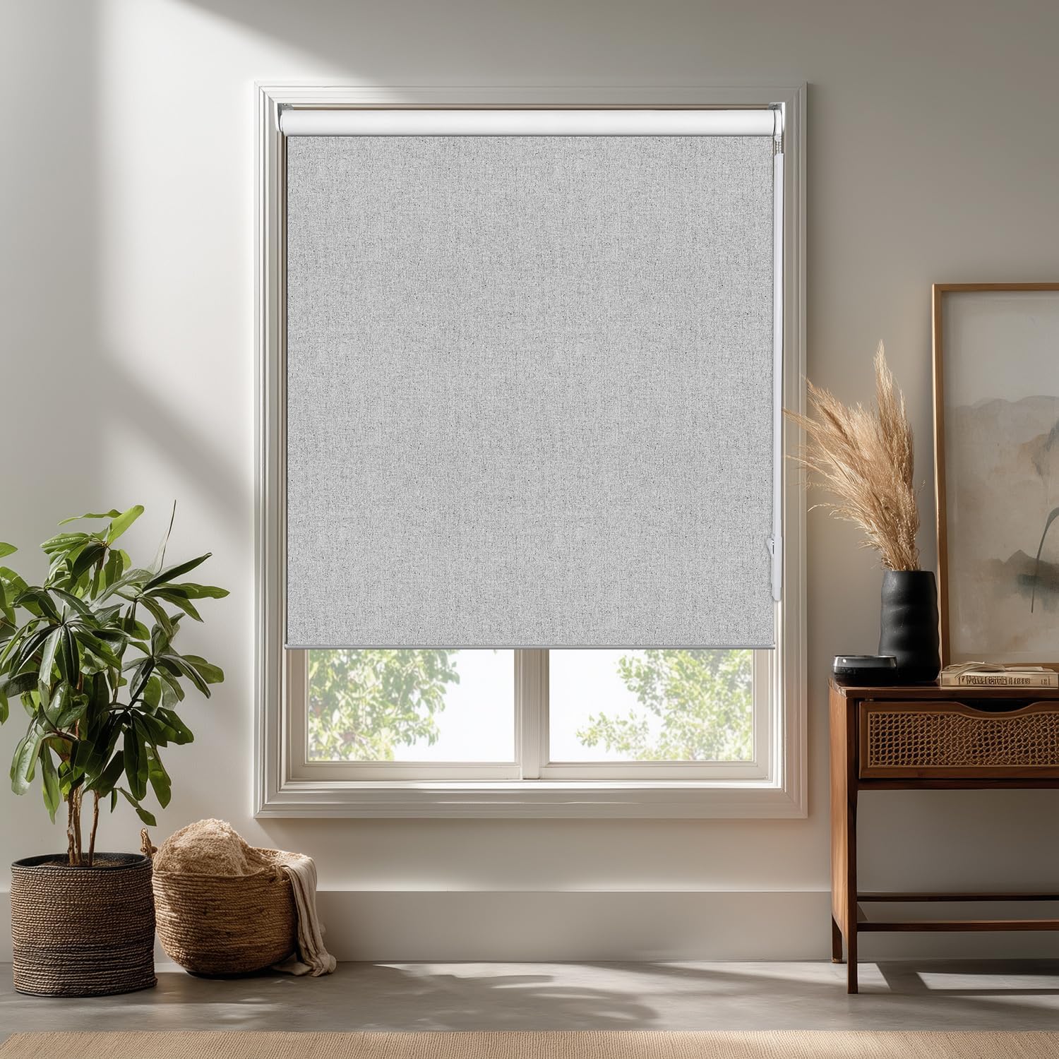 Allbright Linen Roller Shades with Wand Rod, Cordless Fabric Roller Blinds with Thermal Insulated, 100% Blackout Window Shades for Home, Office, Bedroom, Grey, 14" W x 64" H