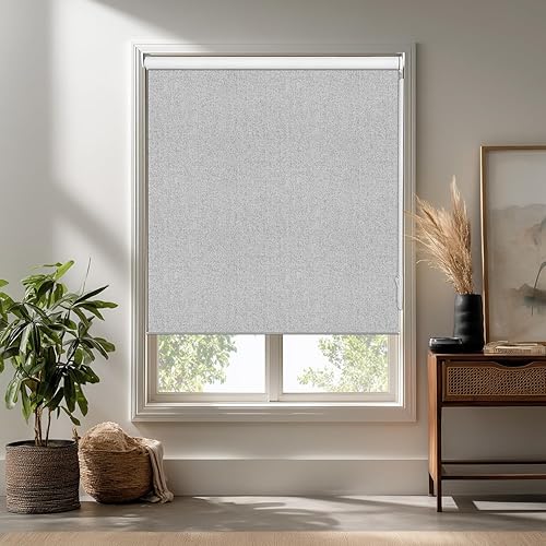 Allbright Linen Roller Shades with Wand Rod, Cordless Fabric Roller