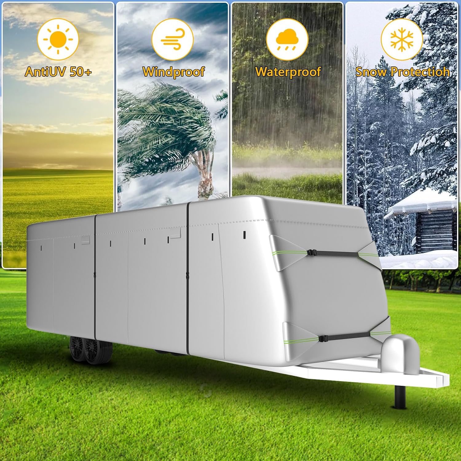 RV Cover Fits 30-33ft, 7 Layers 300D Oxford Cloth Camper Cover, 5th Wheel RV Covers, Upgraded Windproof Rip-Stop Anti-UV RV Travel Trailer Cover 30-33 FT with Jack Cover, Tire Covers