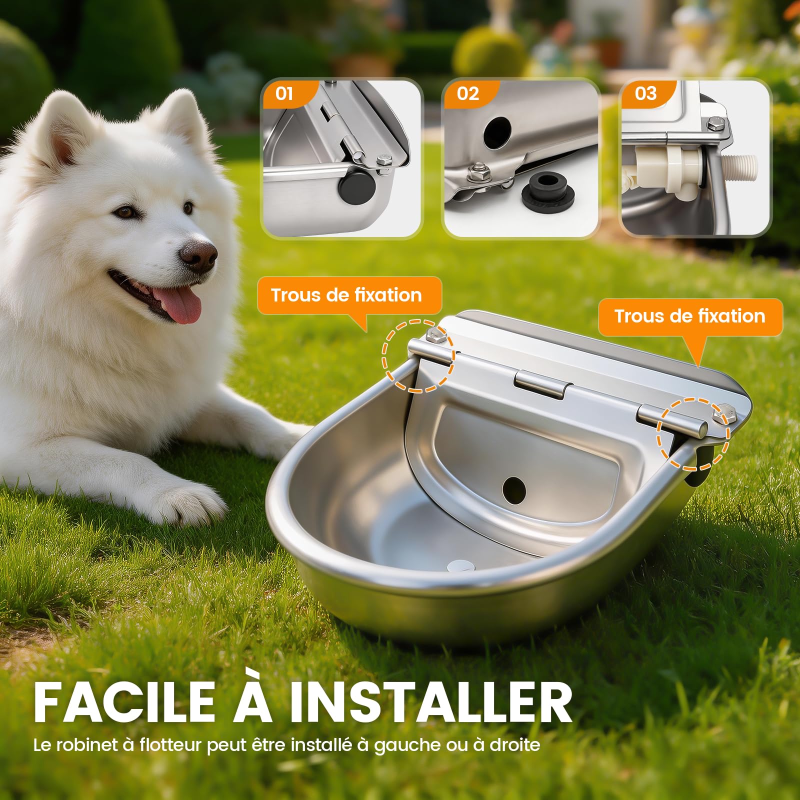 Abreuvoir Automatique en Acier Inoxydable pour Chiens et Bétail, 2 Vannes à Flotteur Réglables avec Bouchon de Vidange, Abreuvoir Élevage pour Chevaux, Chèvres, Moutons, Bovins