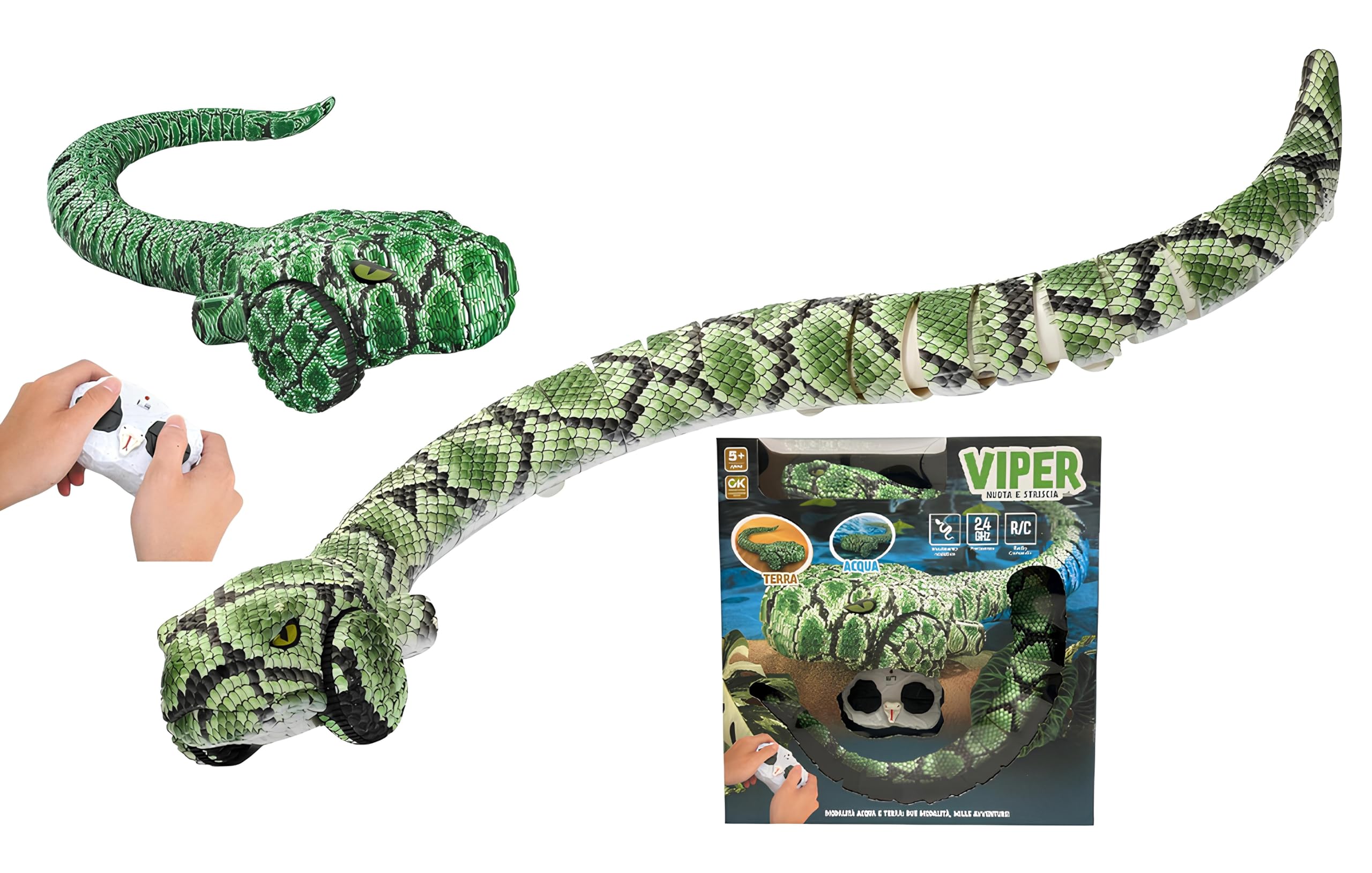 Serpente Telecomadato Versione Gigante cm 77 Striscia e Nuota Davvero Movimenti Realistici Utilizzabile su Terra e in Acqua Pitone Boa Vipera Maxi Giocattolo Multifunzione Spettacolare Scatola Regalo