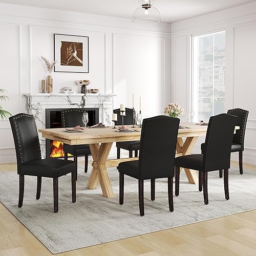 Miniatura 8 de LSSPAID Juego de 2 sillas de comedor, modernas sillas Parsons tapizadas de piel sintética con borde de cabeza de clavo de bronce y patas de madera